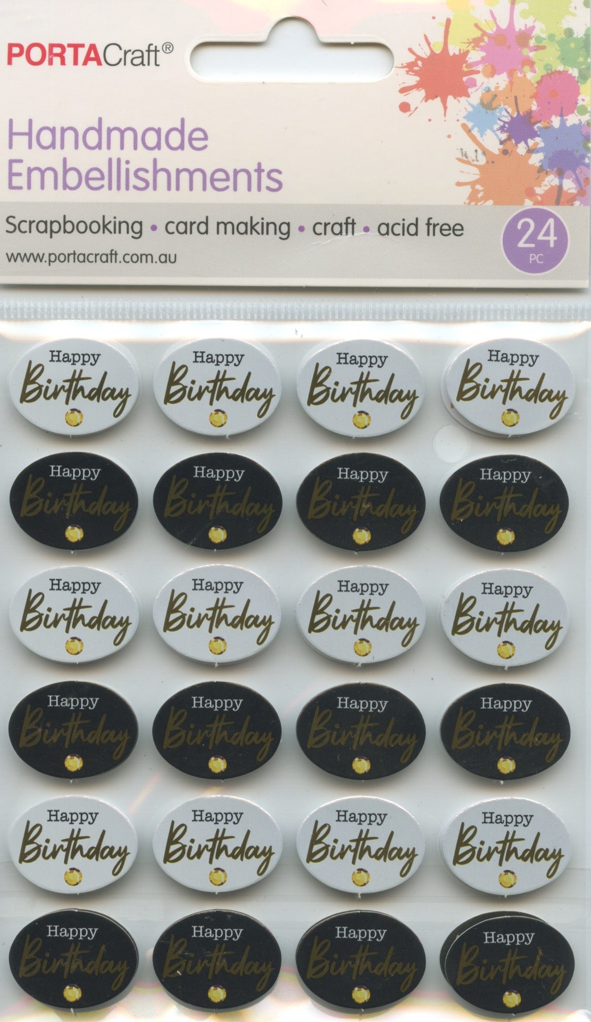 Porta Craft Handmade Embellishments - Happy Birthday - Black/Gold/White - 24pc