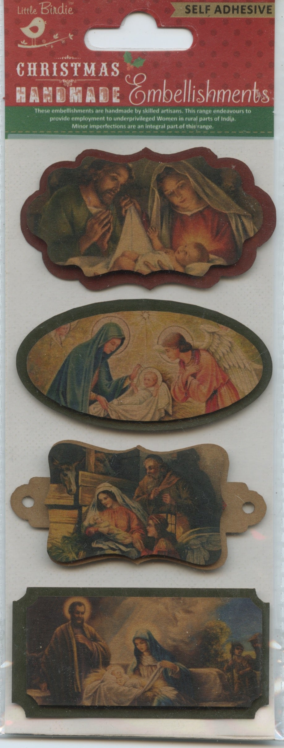 Little Birdie Christmas Handmade Embellishments Self Adhesive Christmas Vintage Topper 3D Nativity 4pc