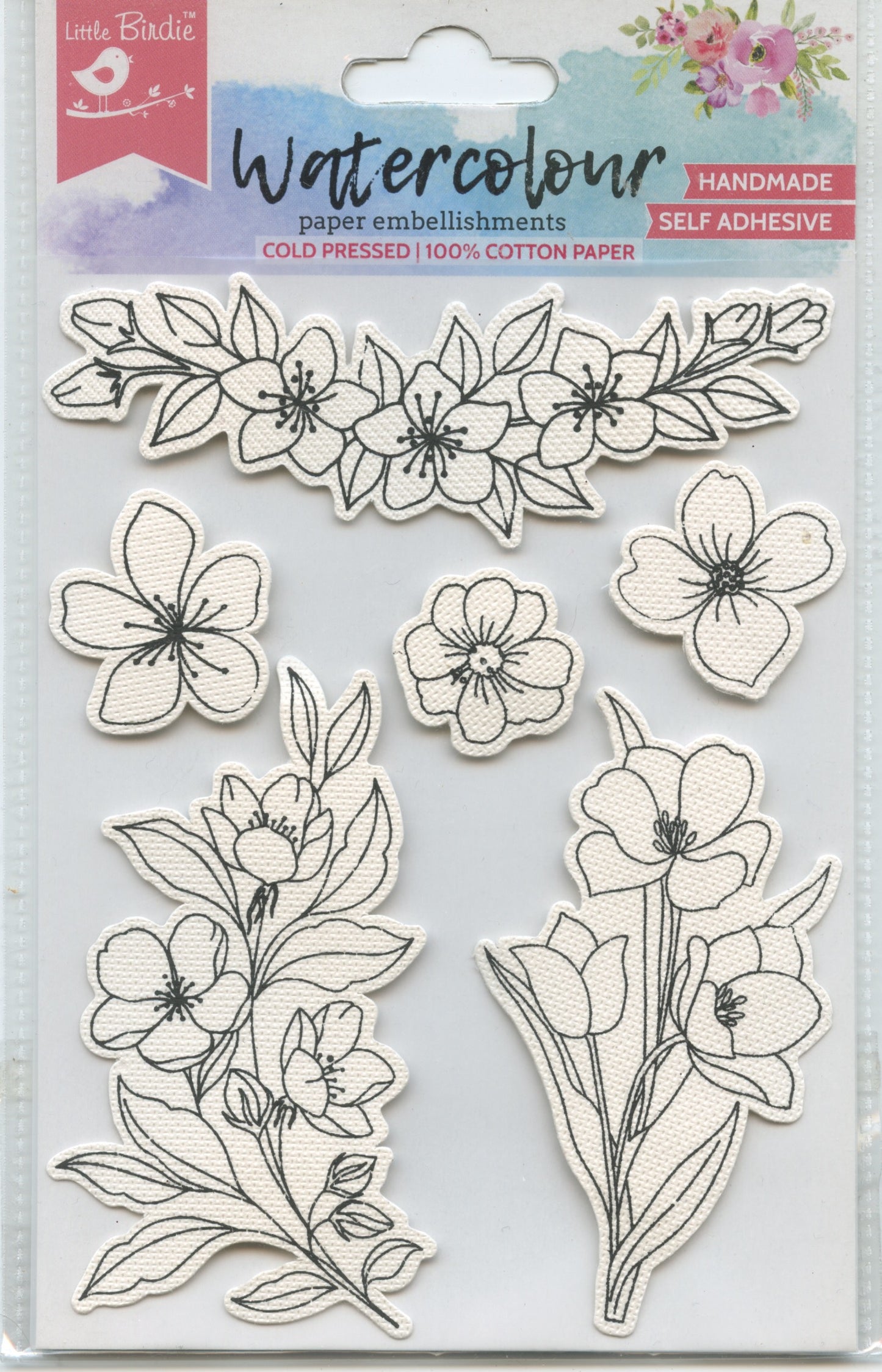 Little Birdie Handmade Embellishments - Abloom Flowers Watercolour 6pk