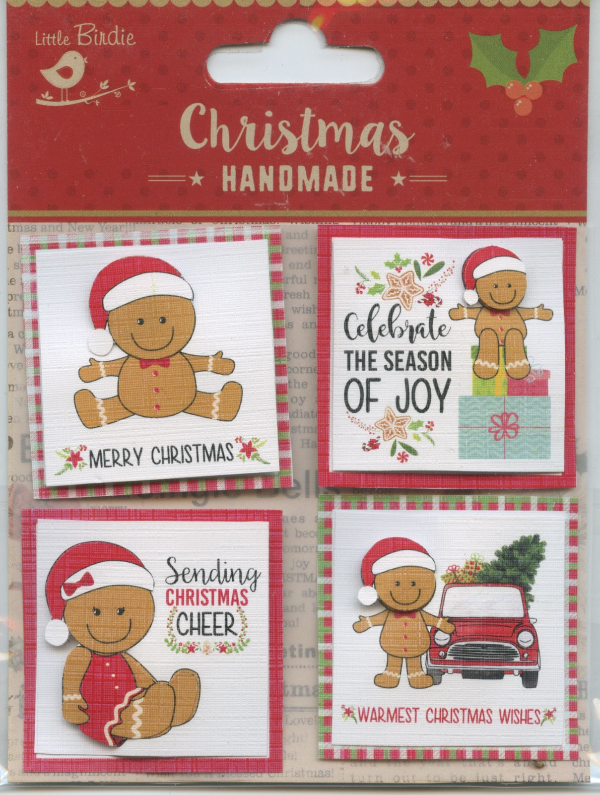 Little Birdie Handmade Christmas Embellishments Self Adhesive 3D Gingerbread Man Toppers 4pc