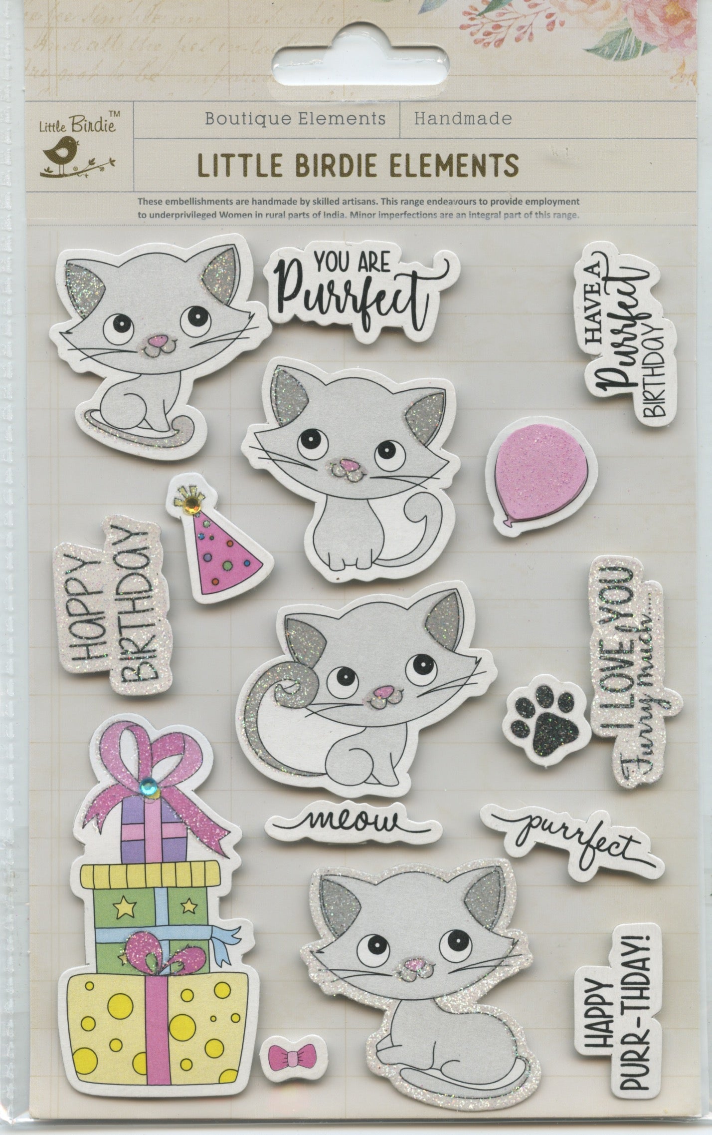 Little Birdie Handmade Embellishments - Purrfect Birthday Cat - 16pk