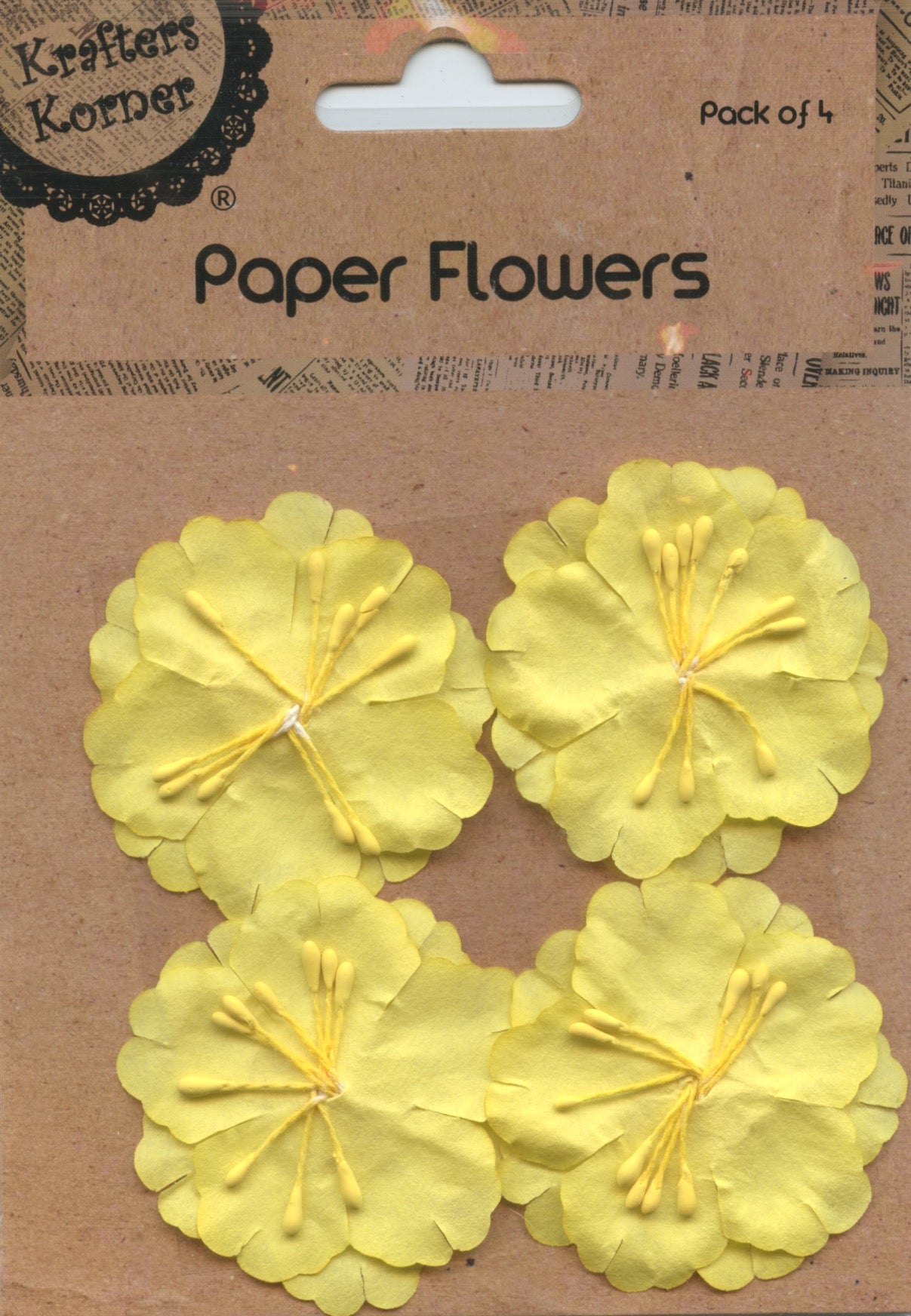 Paper Flowers - Yellow with yellow stamens centre - 4 Pk