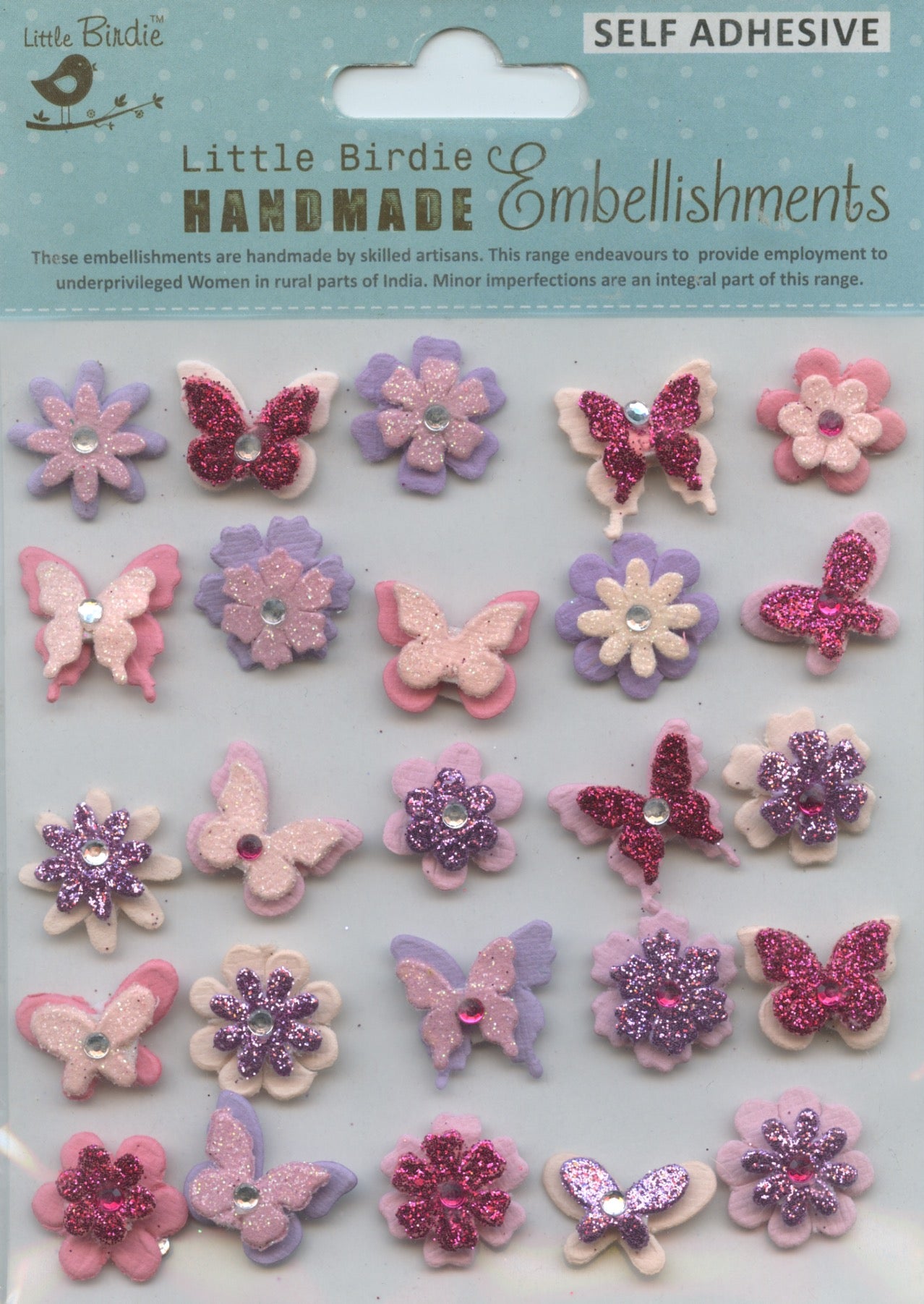 Little Birdie Handmade Embellishments - Adhesive - Butterflies & Flowers - 25pc