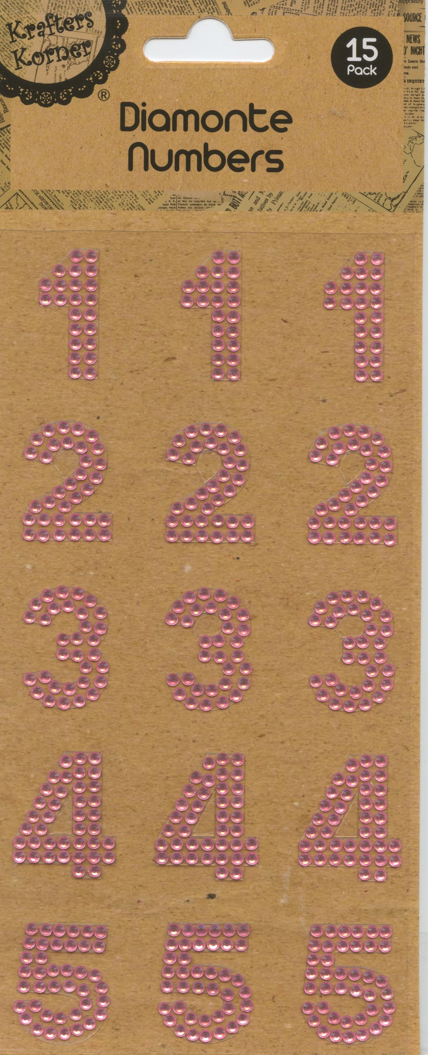 Diamanté Numbers 1-5 - Stickers - Pink - 15 pk