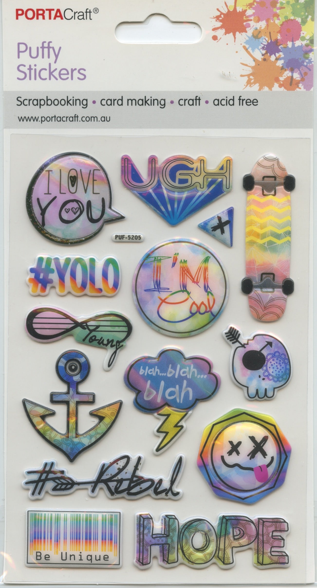 Porta Craft Puffy 3D Stickers Self Adhesive - Hope-Ugh-Blah - 14pc