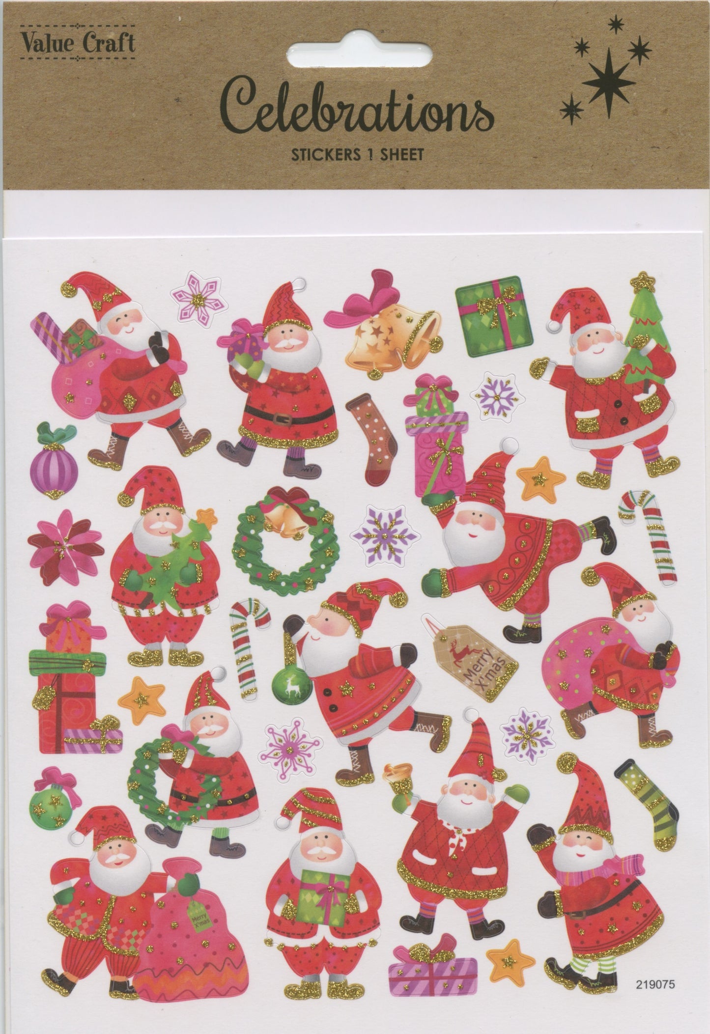 Christmas Celebrations Glitter Santa Stickers 34pk