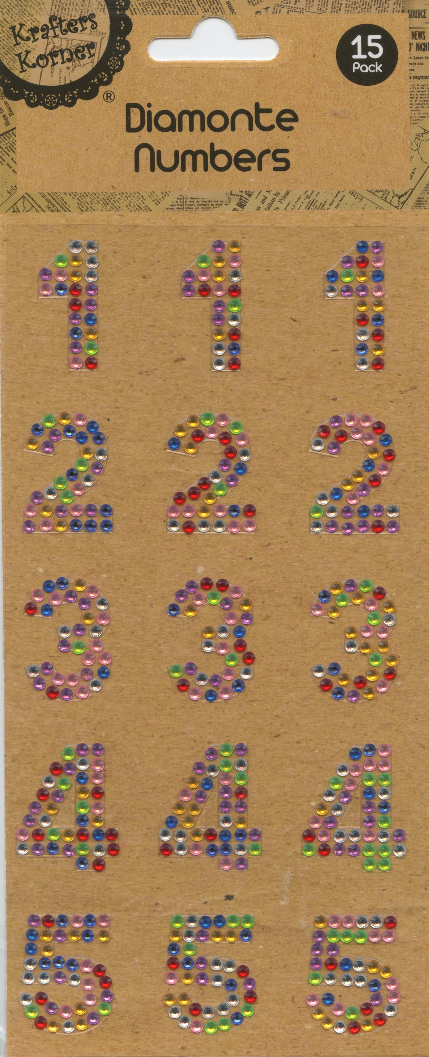 Diamanté Numbers 1-5 - Stickers - Multi-colour - 15 pk