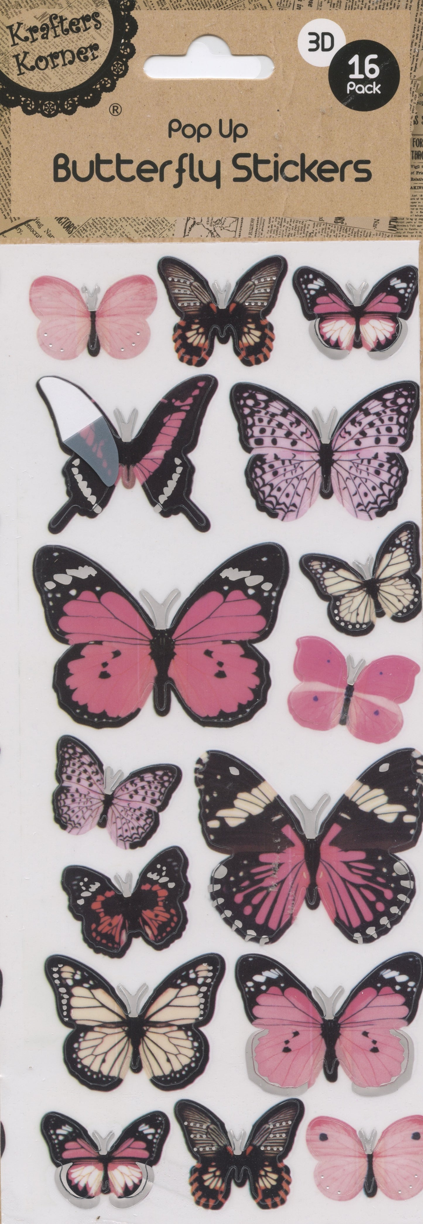 3D Butterfly Pop Up Stickers - Shades of Pink - 16 pk