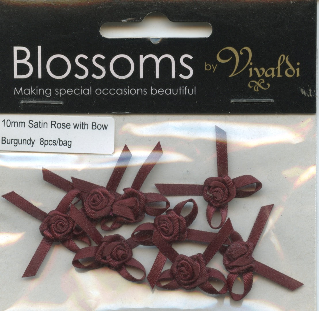 Satin Bow with Rose 10mm - Burgundy - 8 pack