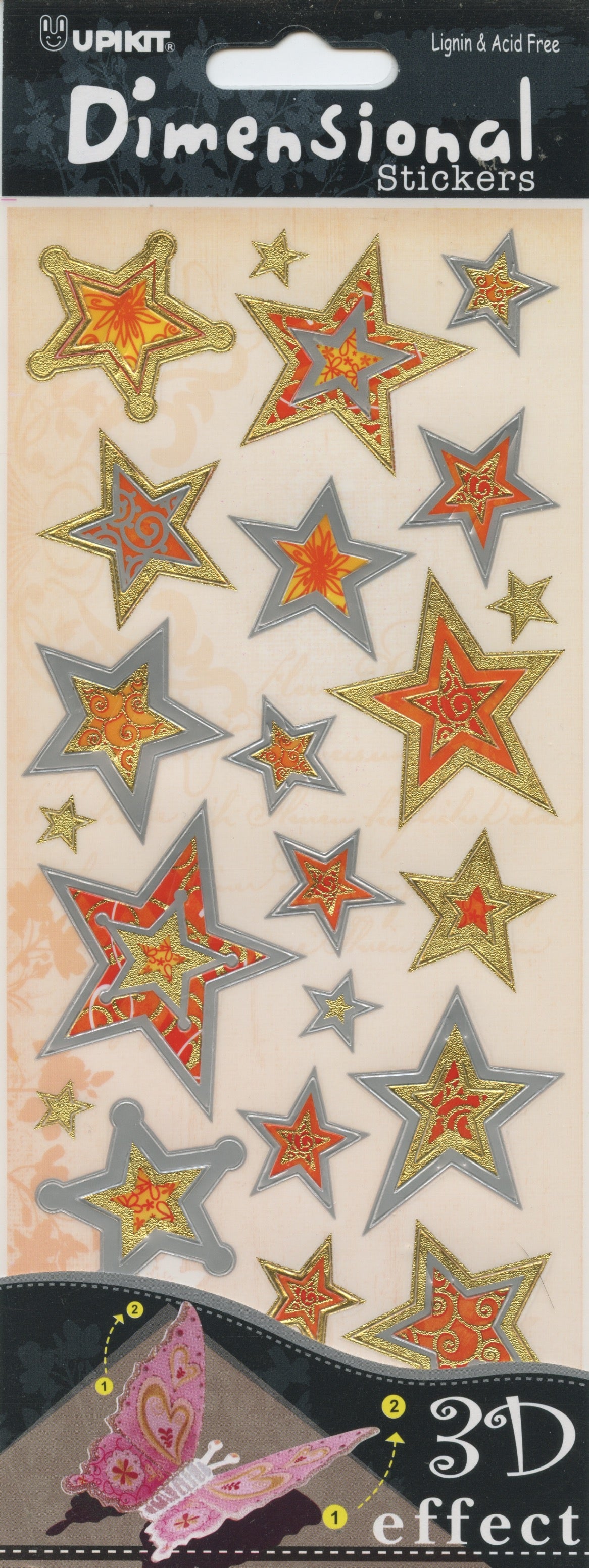 Upikit 3D Dimensional Stickers - Gold and Silver Stars - 26 pce
