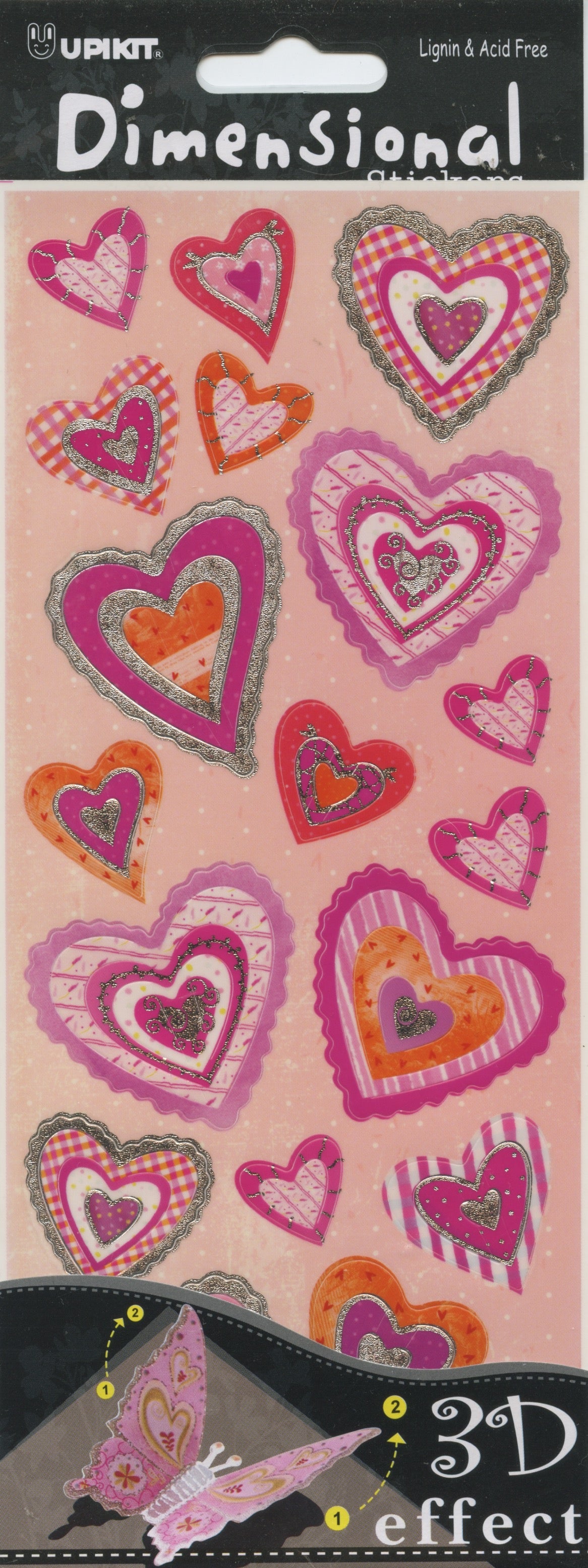 Upikit 3D Dimensional Stickers - Pink Hearts 19 pce