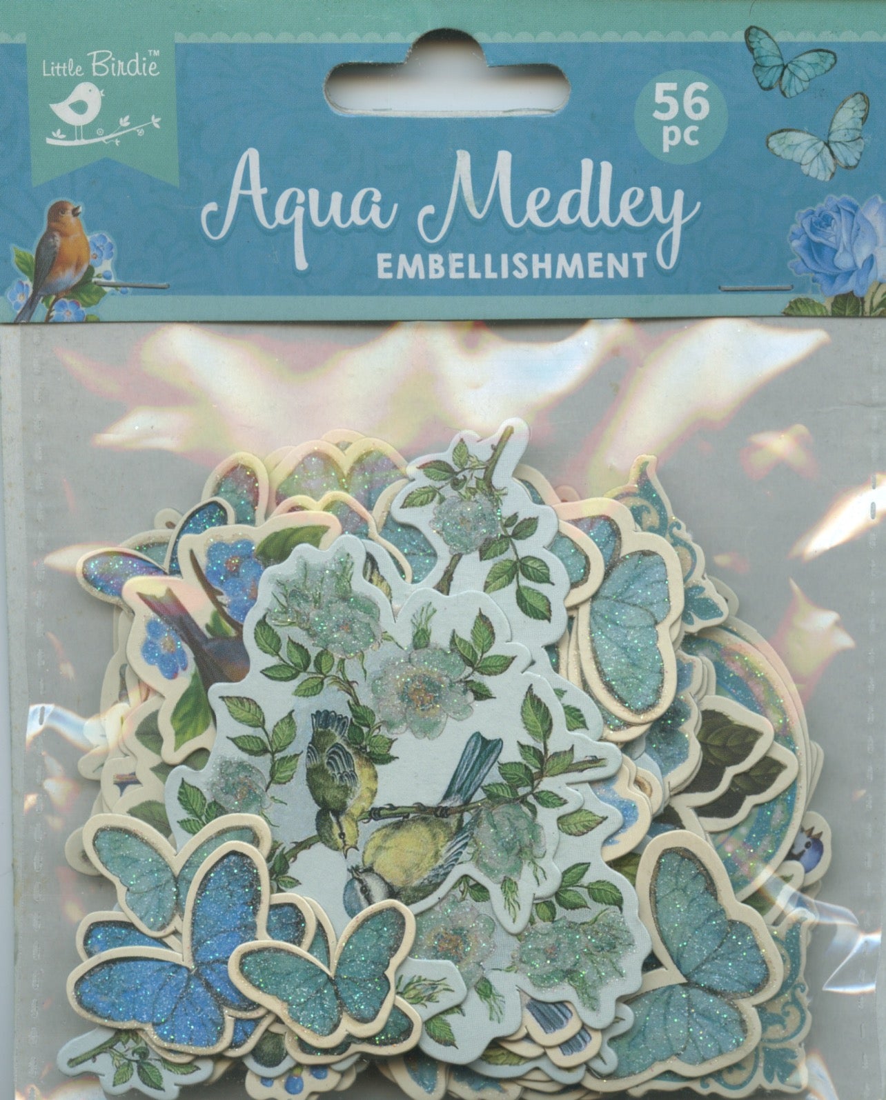 Little Birdie- Ephemera Aqua Emb. - Birds/Butterflies/Flowers - 56pc