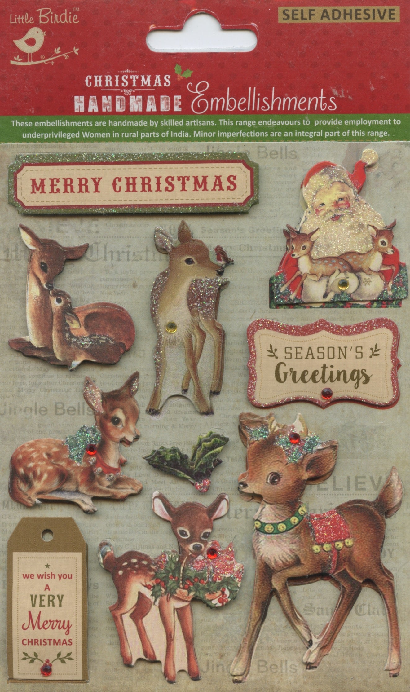 Little Birdie Christmas Handmade Embellishments Self Adhesive 3D Cute Deers/Wordings - 10pc