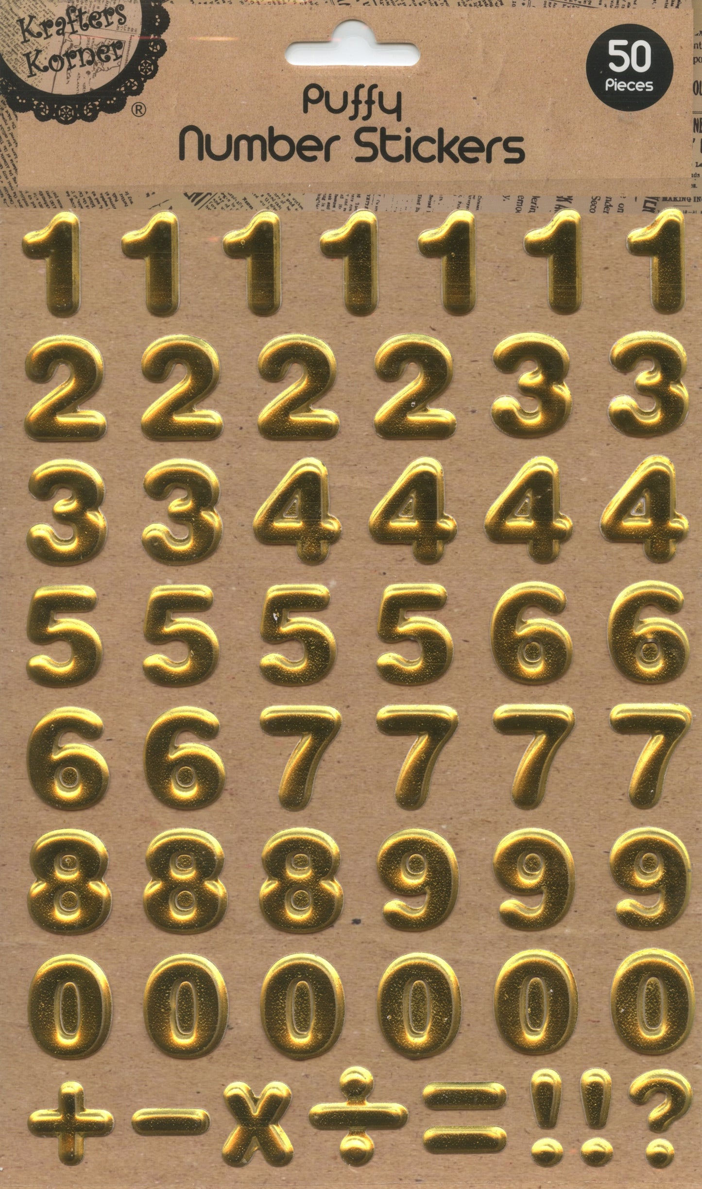 Puffy Number Stickers - Gold - Pack of 50