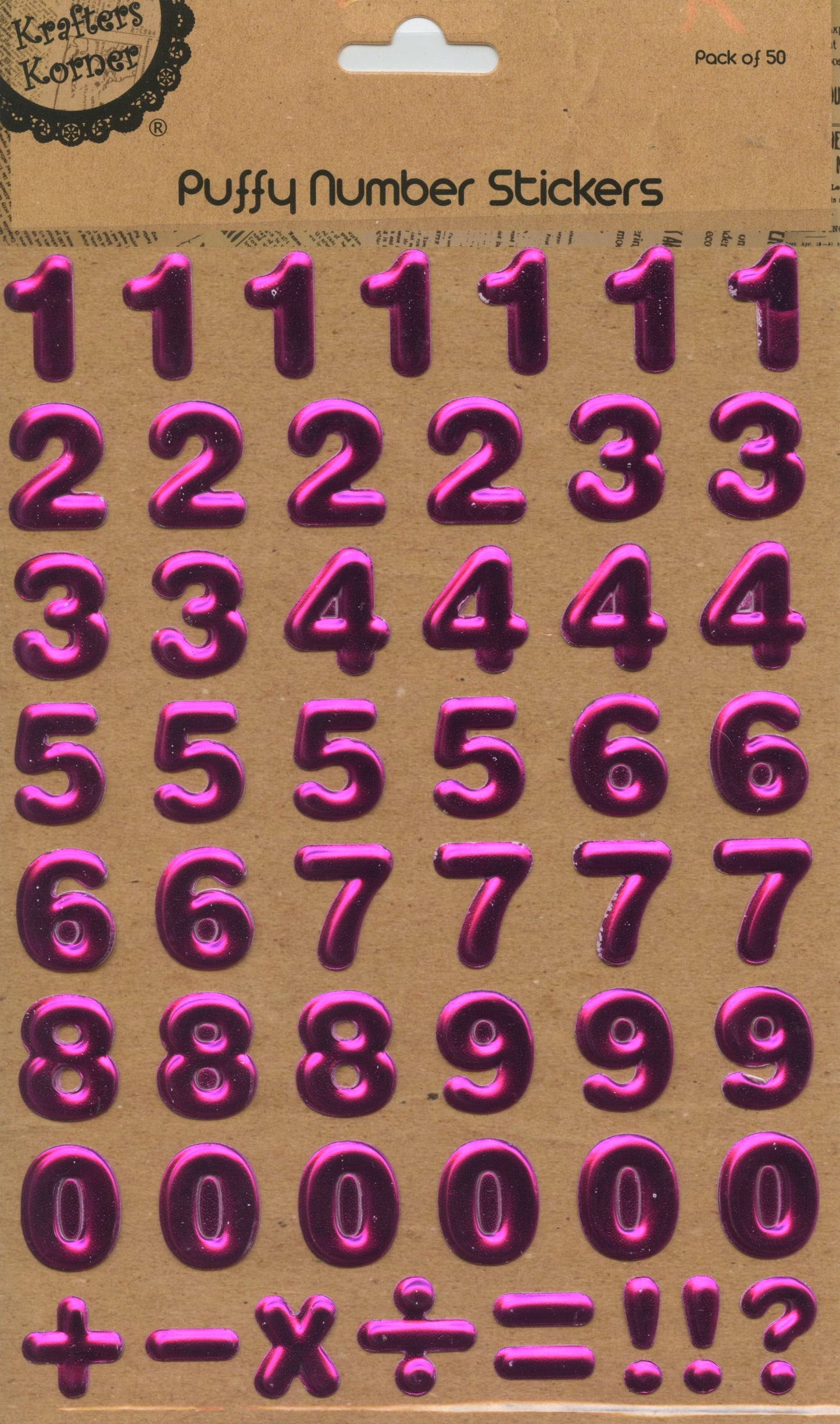 Puffy Number Stickers - Hot Pink - Pack of 50
