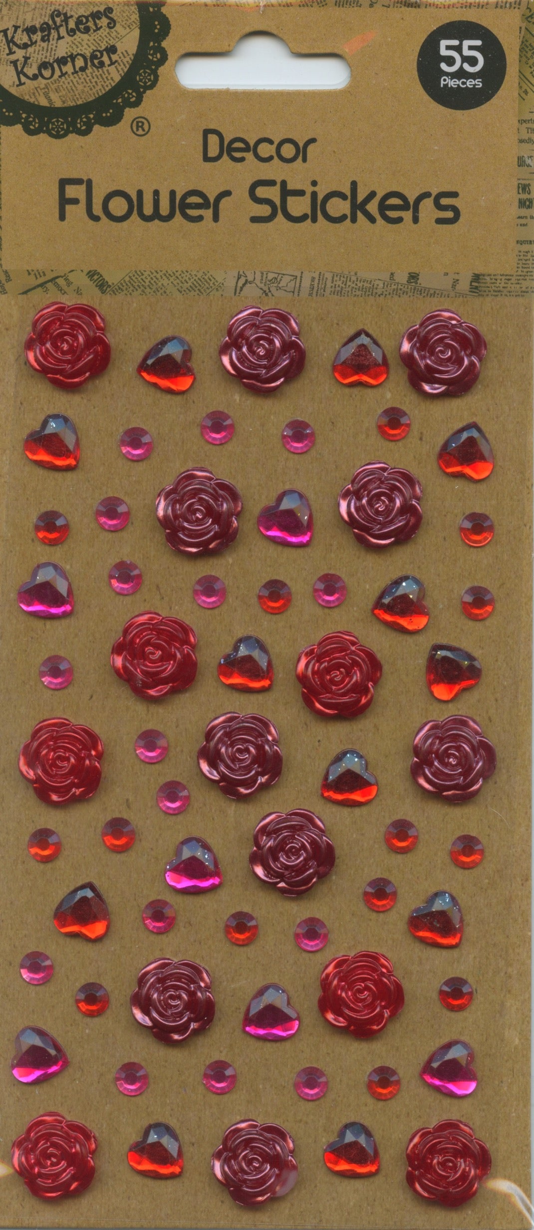 Diamanté Flower/Heart/Circle - Adhesive Stickers - Red/Hot Pink tones