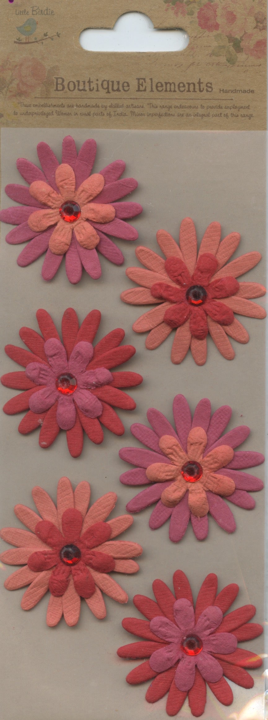 Little Birdie Handmade Embellishments 3D Jewelled Layered Daisies Self Adhesive Cherry Red 6pc