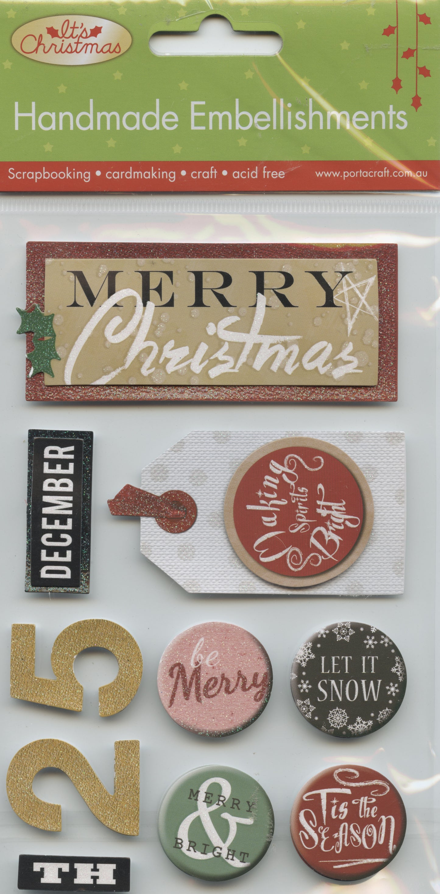 Porta Craft Handmade Embellishments Merry Christmas 9pc