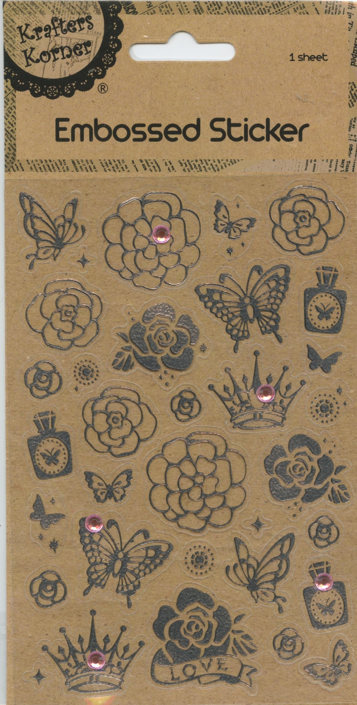 Embossed Sticker - Silver Flowers and Butterflies - 32 pc