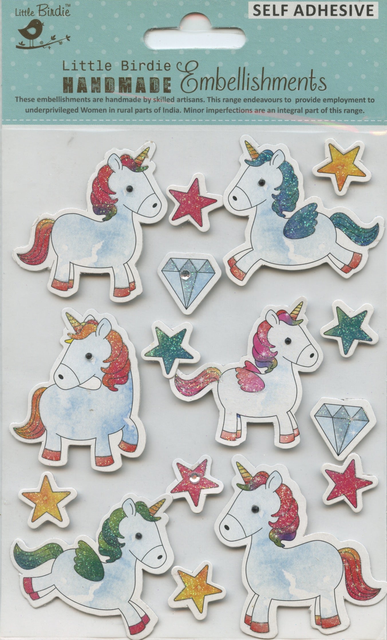 Little Birdie Embellishments Self/Adh - Unicorns/Stars/Gems - 16pc