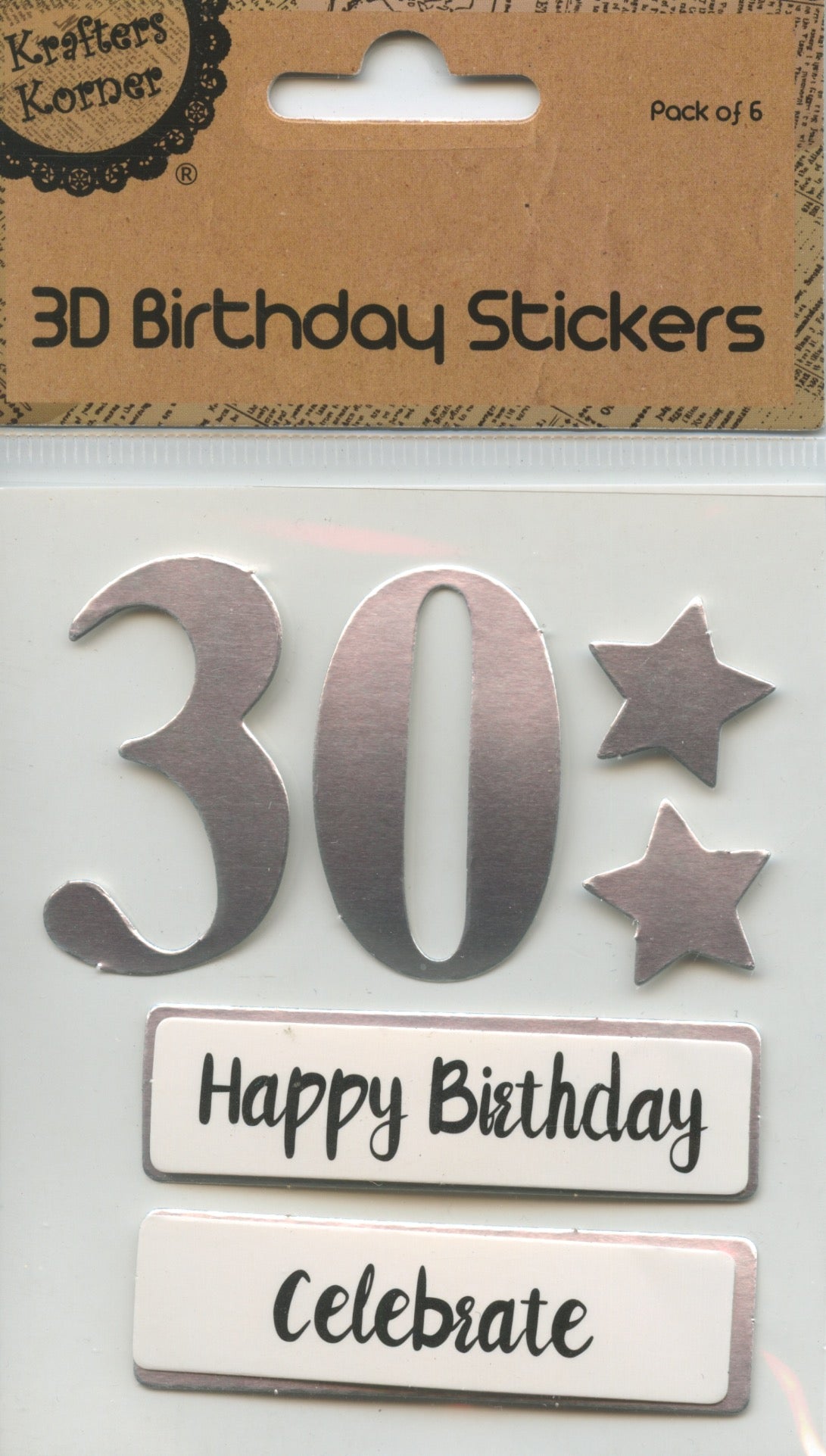 30th - 3D Birthday Stickers - Silver with Stars and Wording
