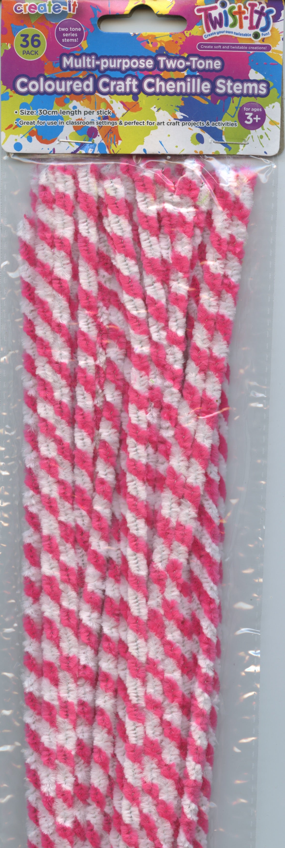 Two-tone striped Chenille Stems - Pink and White - 36pk