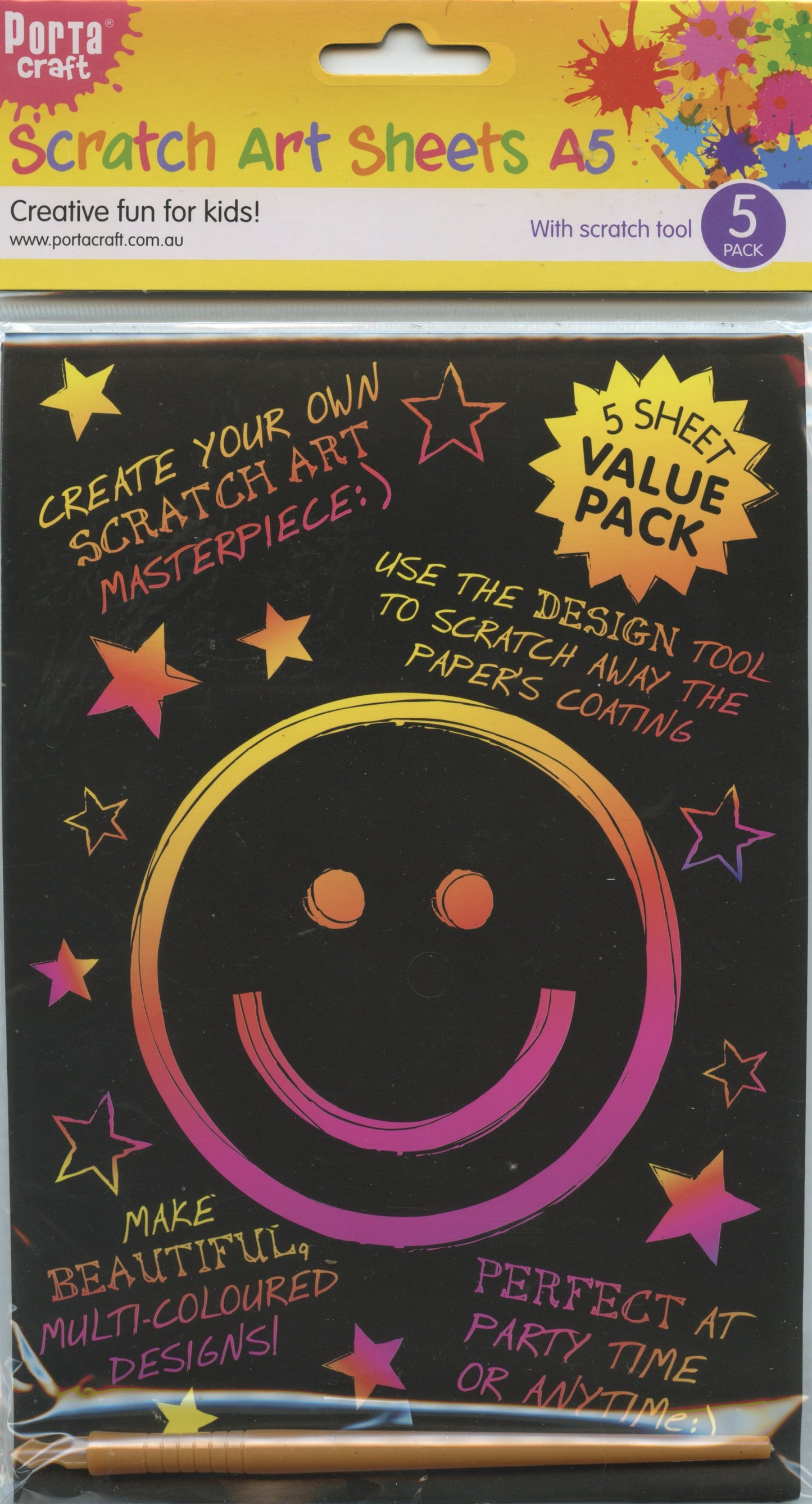 Scratch Art Sheets A5 - 5 Pack with scratch tool
