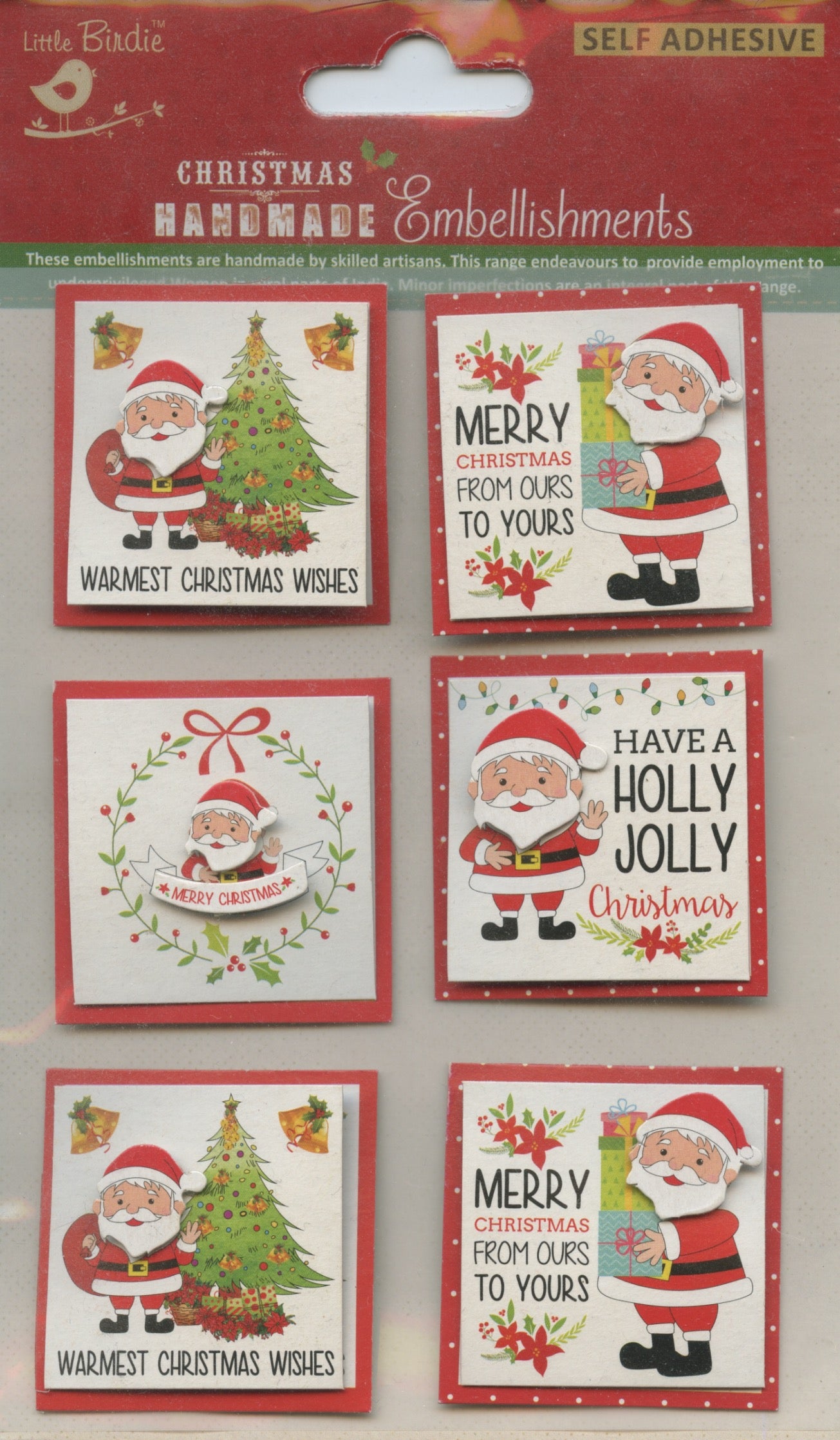 Little Birdie Handmade Christmas Embellishments Self Adhesive 3D Holly Jolly Santa Toppers 6pc
