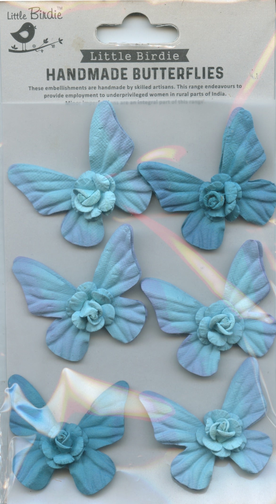 Little Birdie Handmade Self Adhesive Butterflies - Shades of Blues - 6 pack