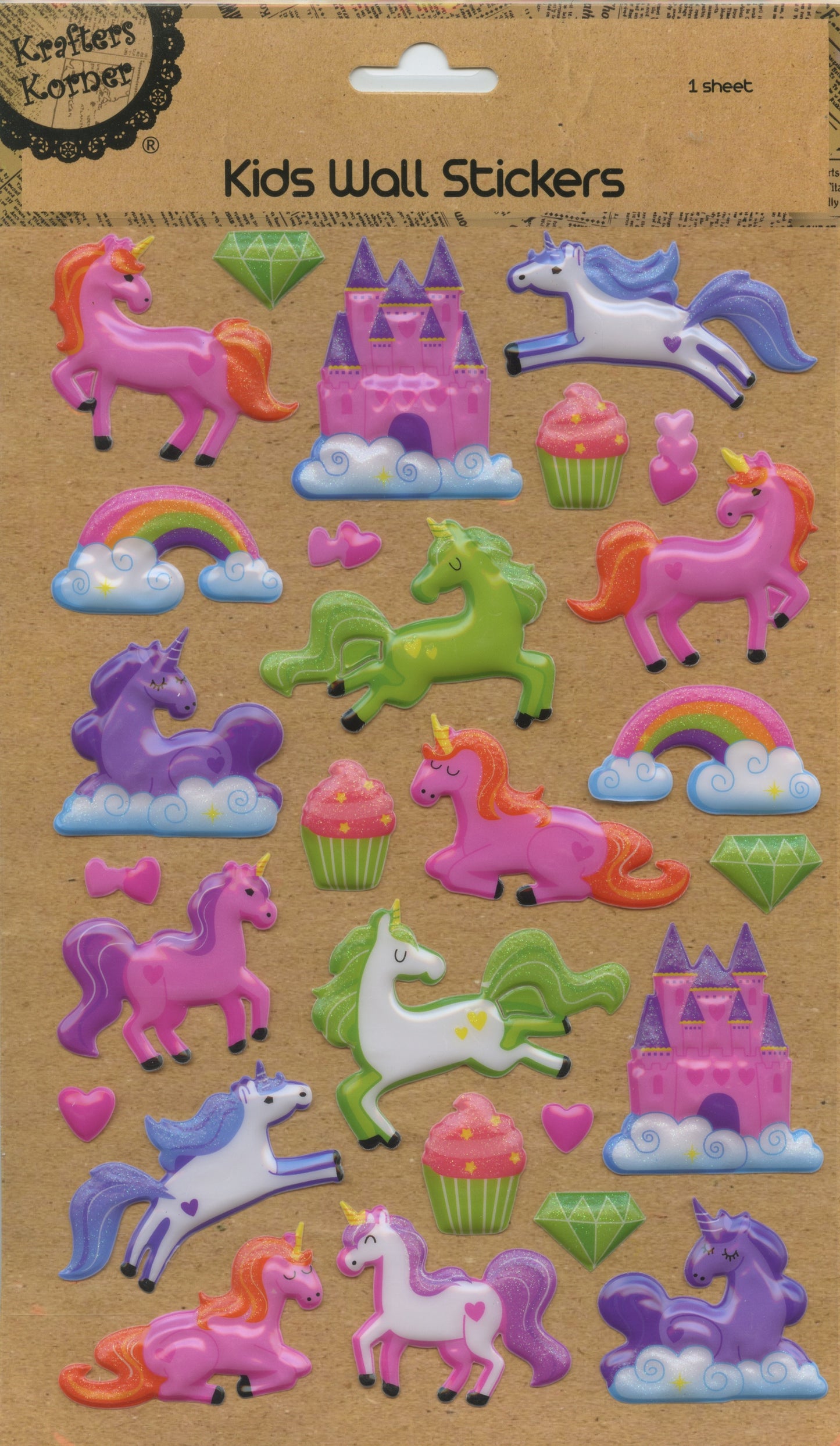 Kids Wall Puffy Stickers - Unicorns/Diamonds/Cupcakes - 26 pc