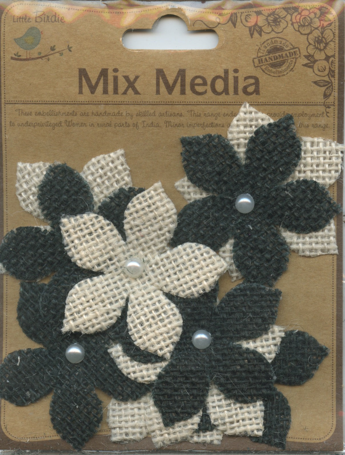 Little Birdie Handmade Embellishments Mix Media Burlap Garden Petals Small Black and White 10pc