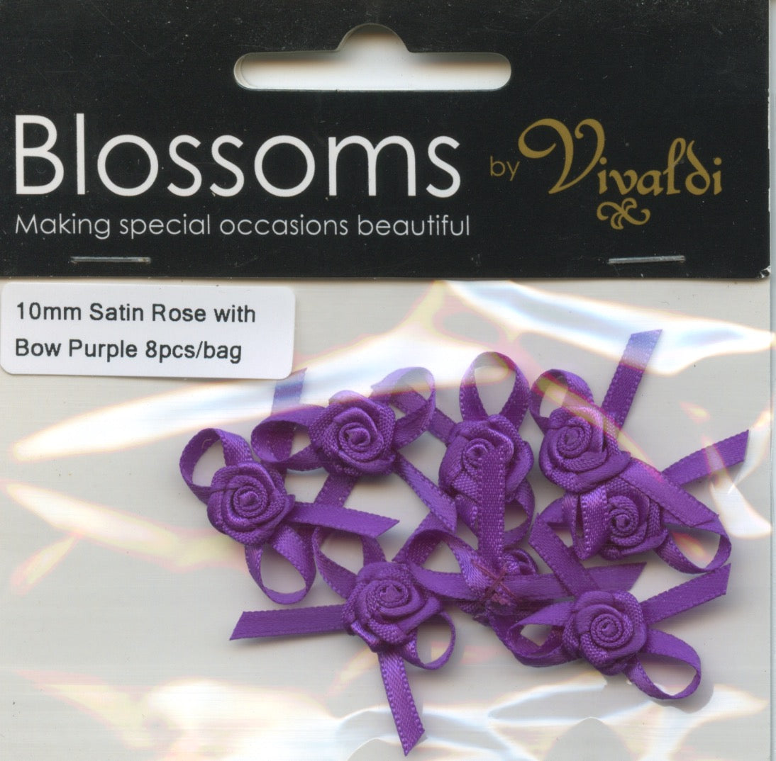 Satin Bow with Rose 10mm - purple - 8 pack