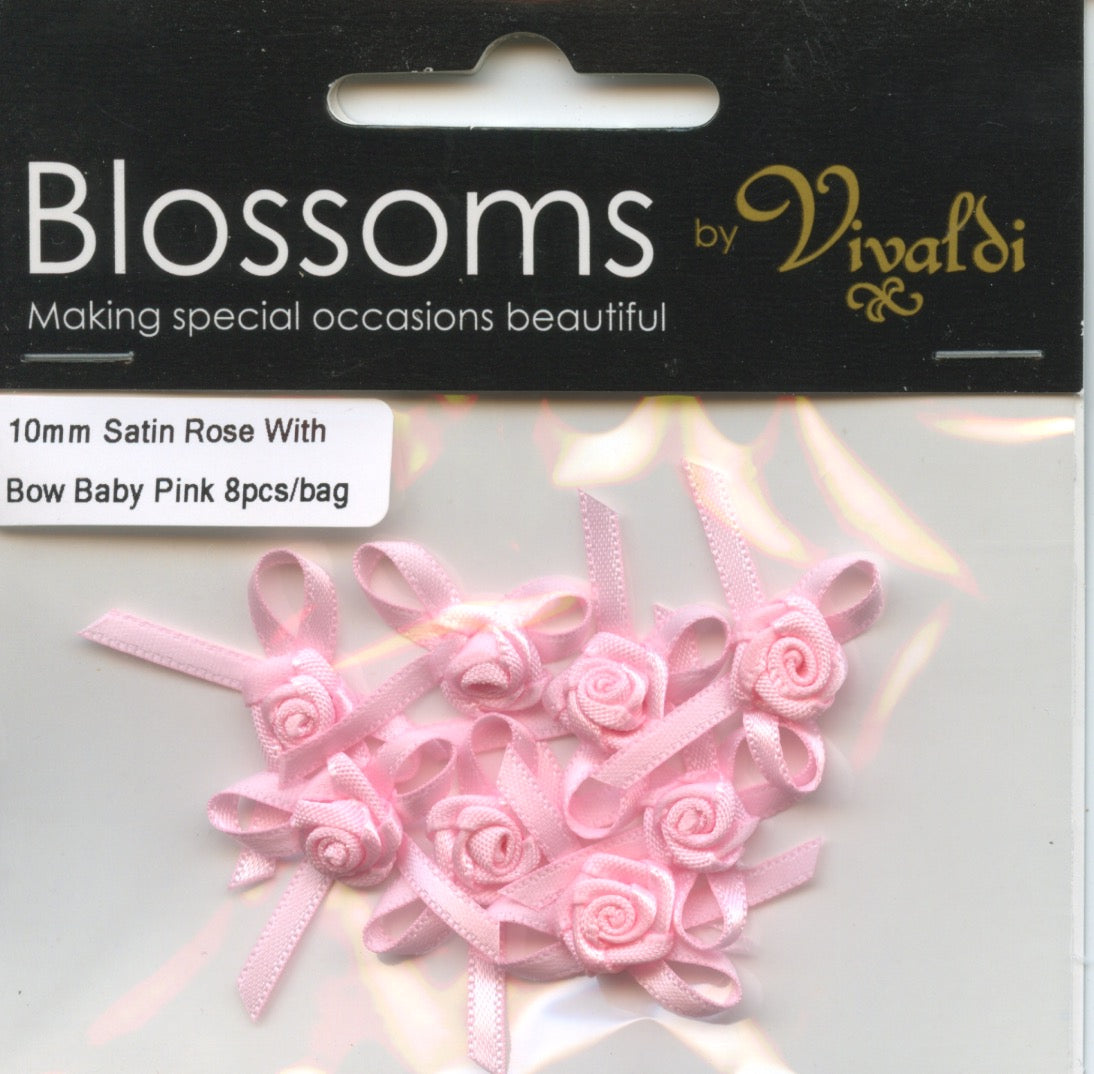 Satin Bow with Rose 10mm - Baby Pink - 8 pack