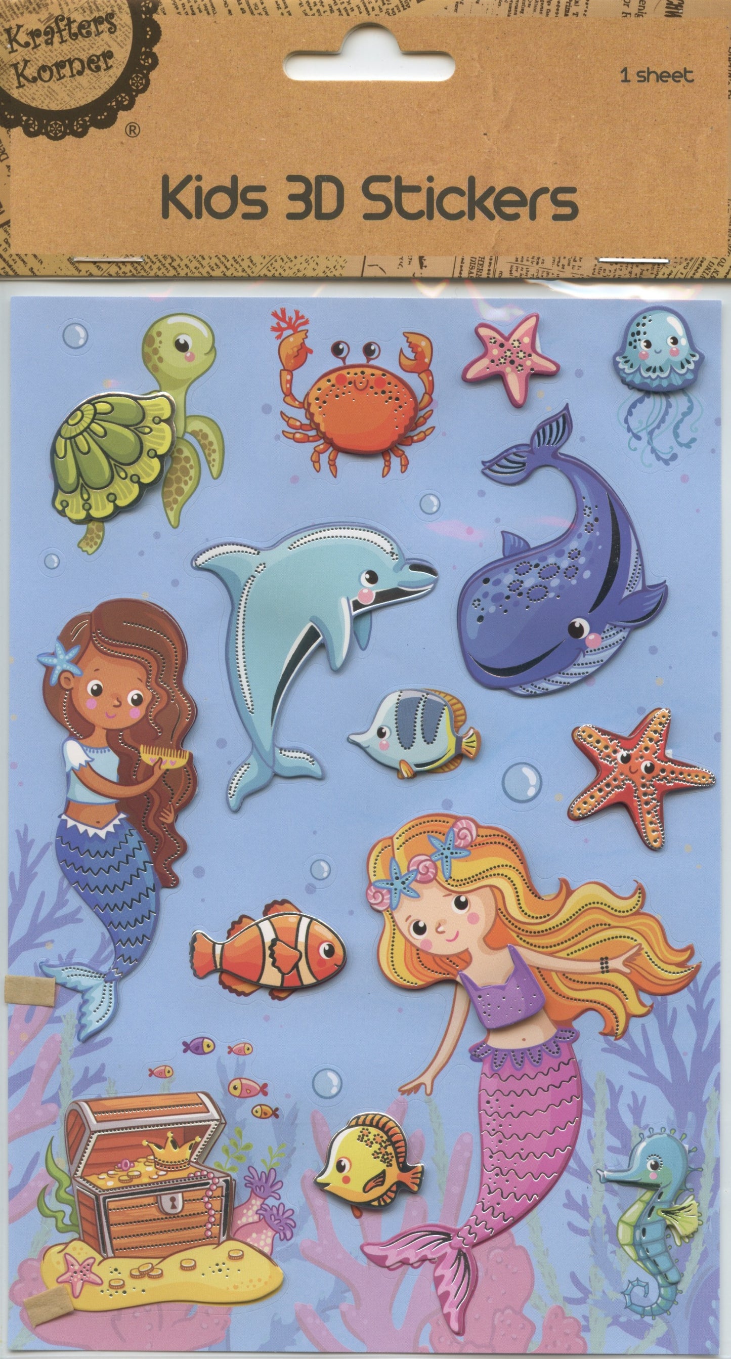 Kids 3D Stickers - Mermaid/Sea Life Theme - 14pk