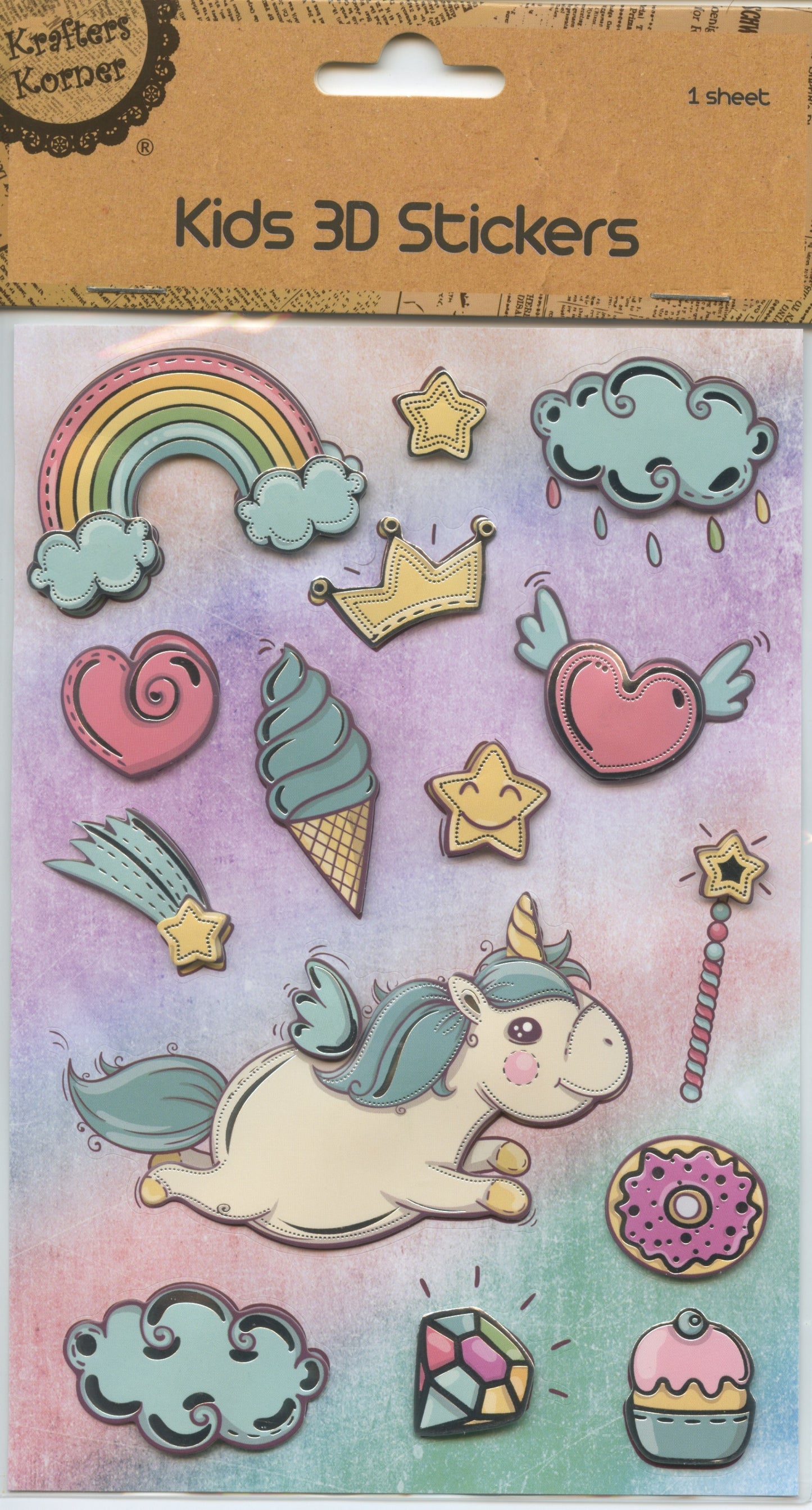 Kids 3D Stickers - Unicorn/Fantasy Theme - 15pk