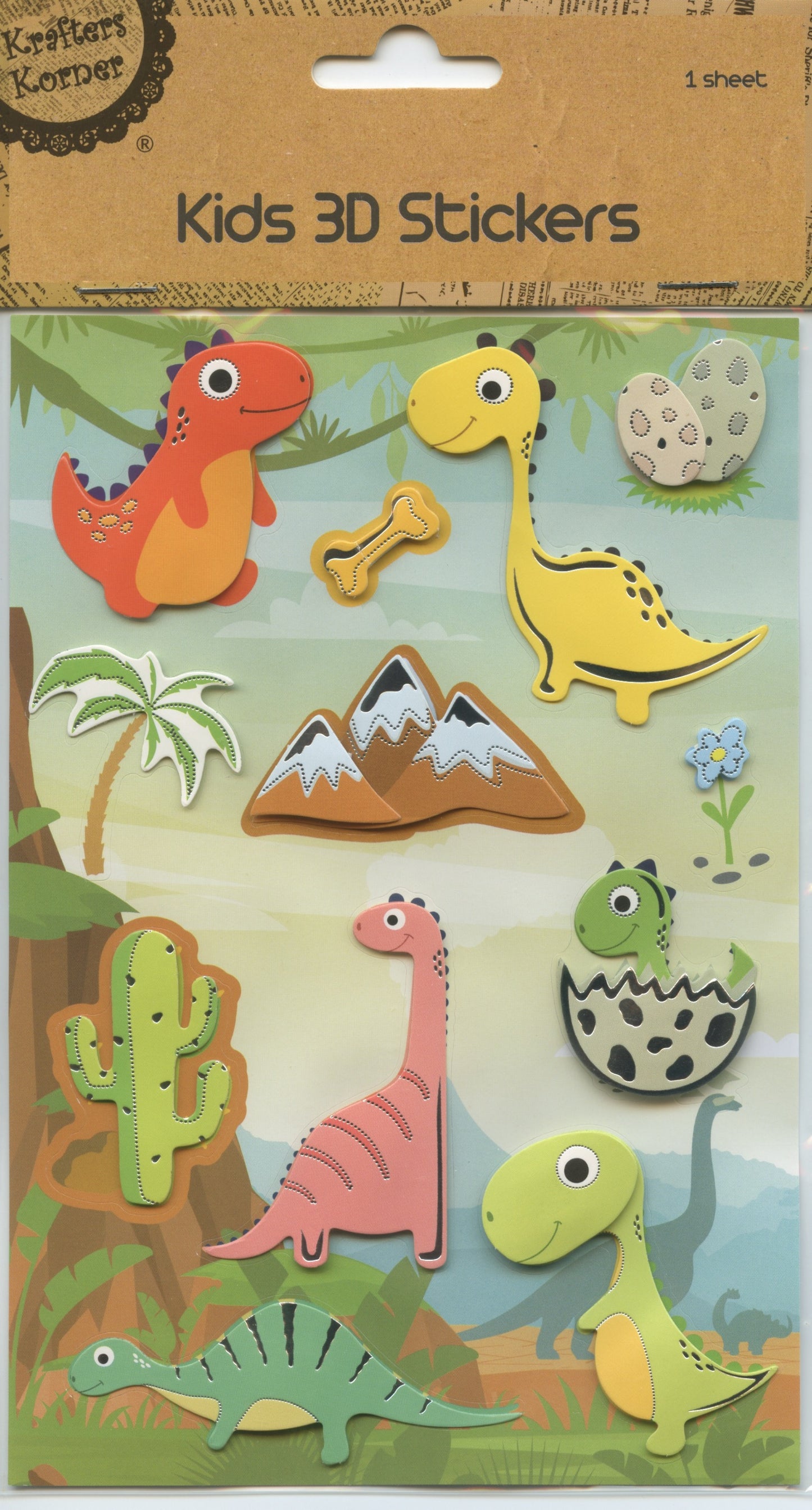 Kids 3D Stickers - Dinosaur Theme - 12pk