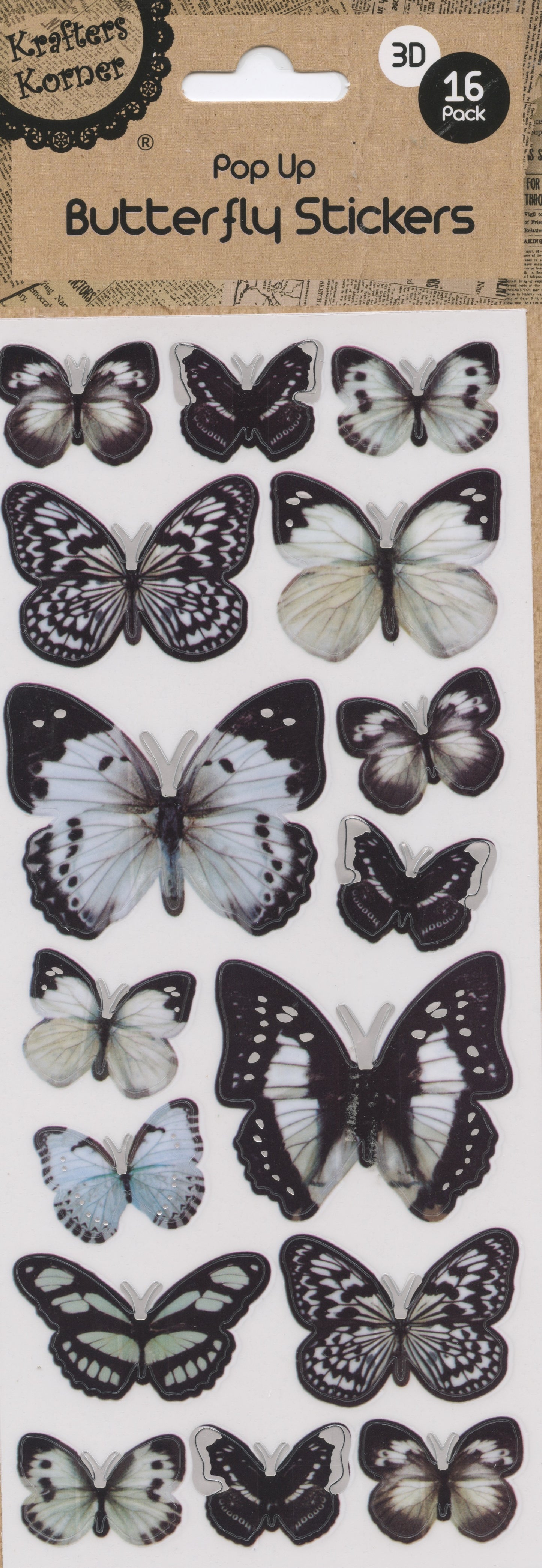 3D Butterfly Pop Up Stickers - White/Black/Grey - 16 pk