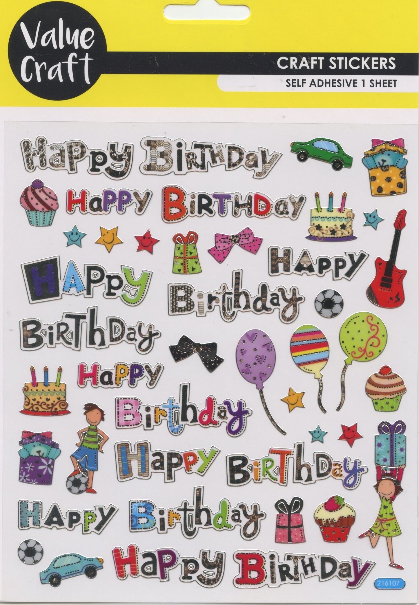 Value Craft Happy Birthday Stickers One Sheet 44pc