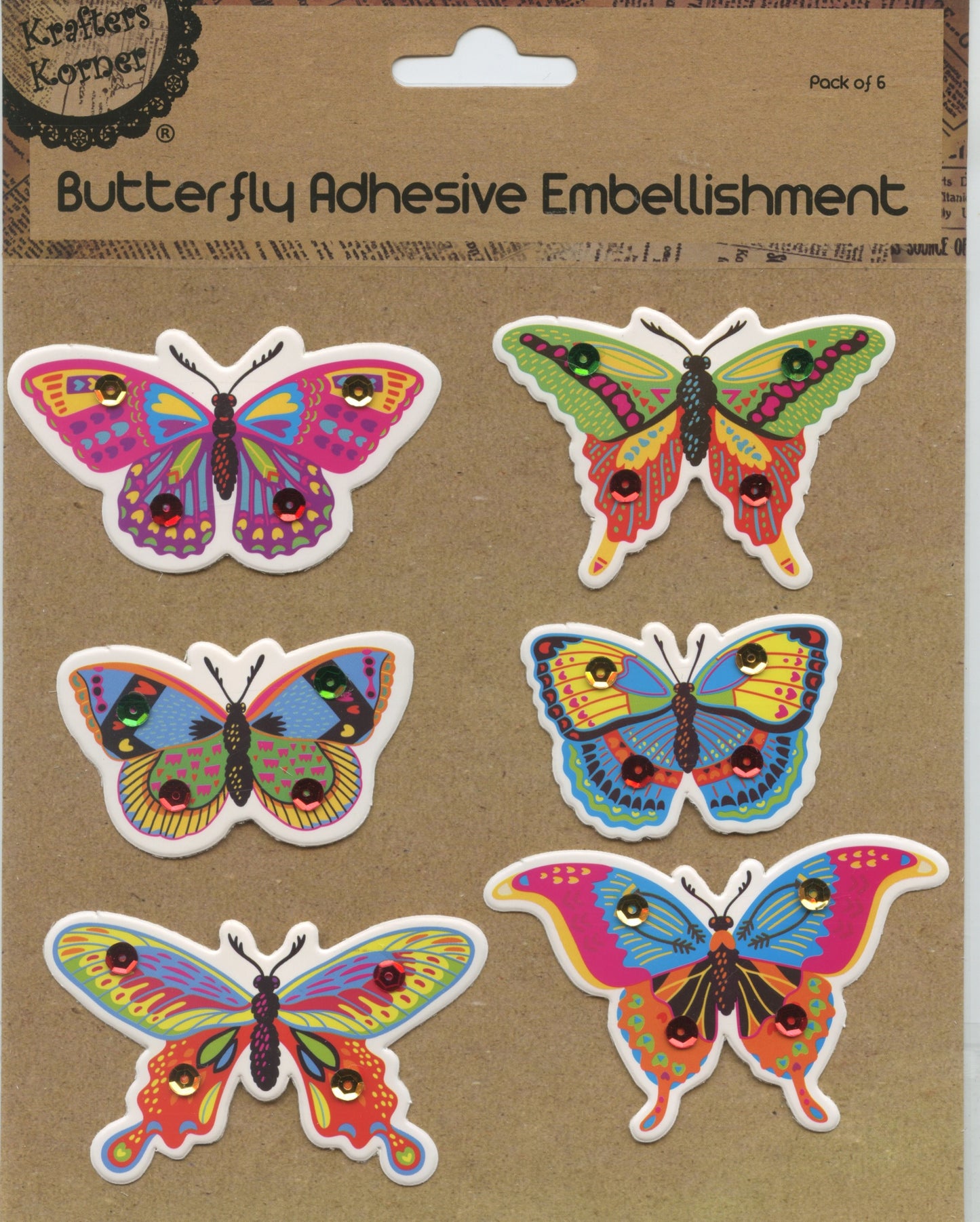 Butterfly Adhesive Embellishment - Multicoloured #1- Pack of 6