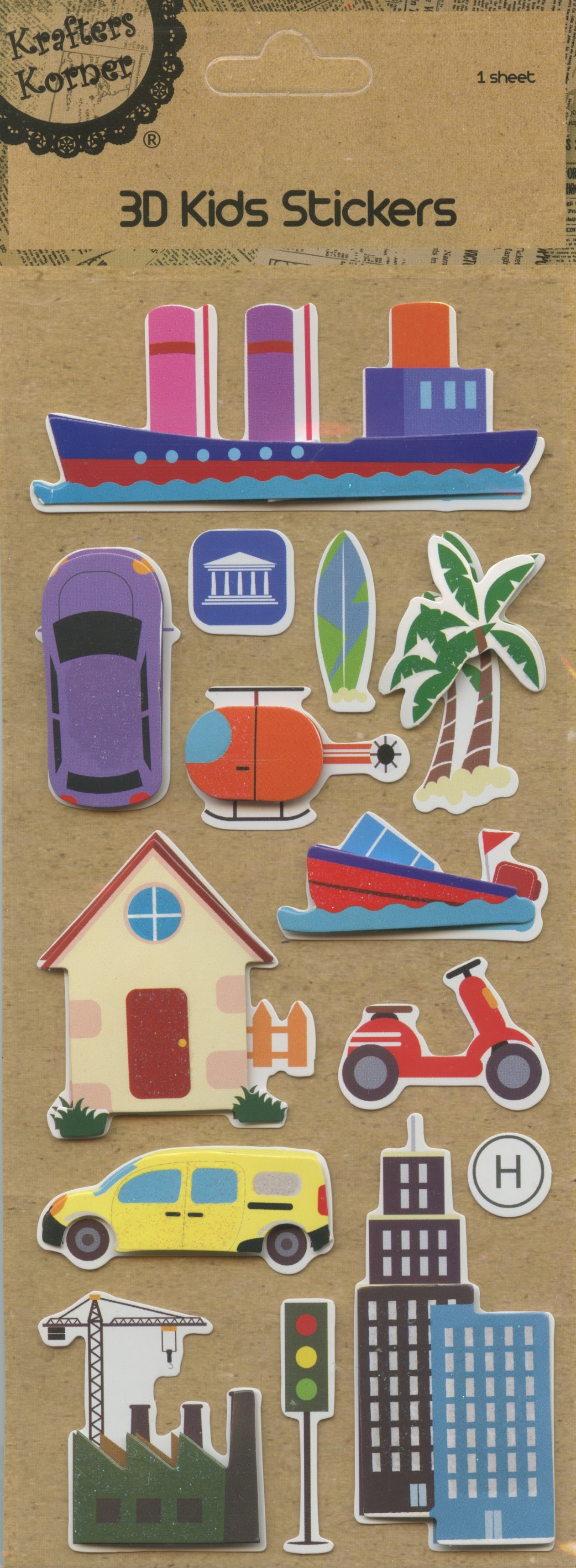 3D Kids Stickers - Transport Theme - Self Adhesive - 14 pk - 1 sheet