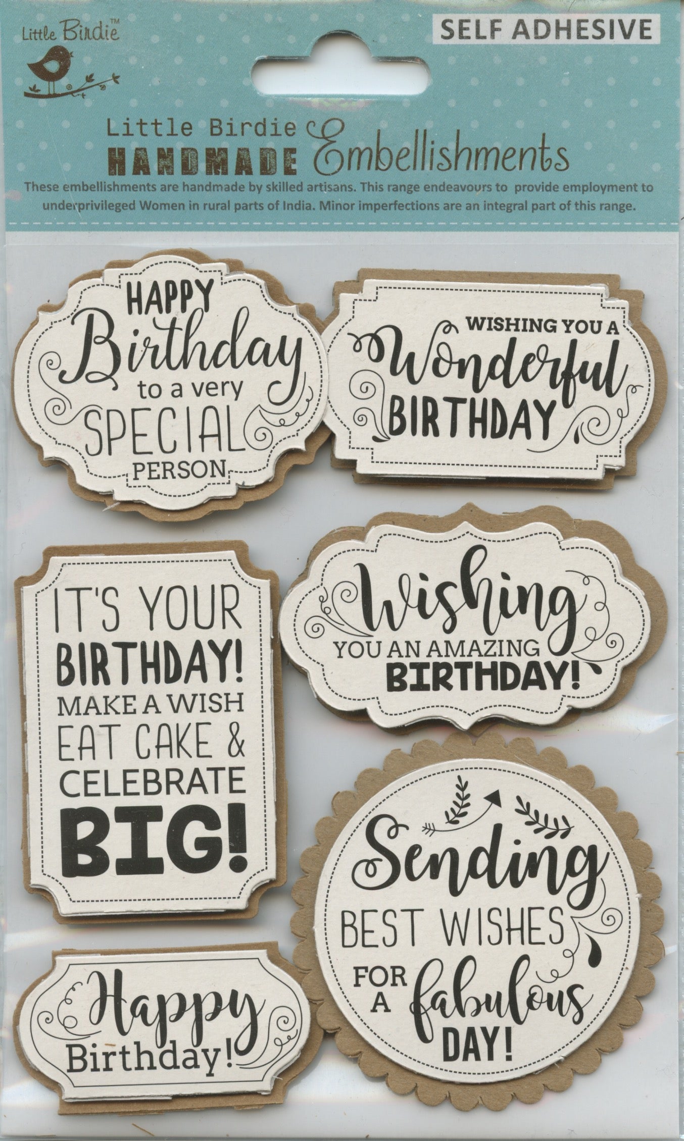 Little Birdie Handmade Embellishments Self Adhesive Birthday Wishes 6pc