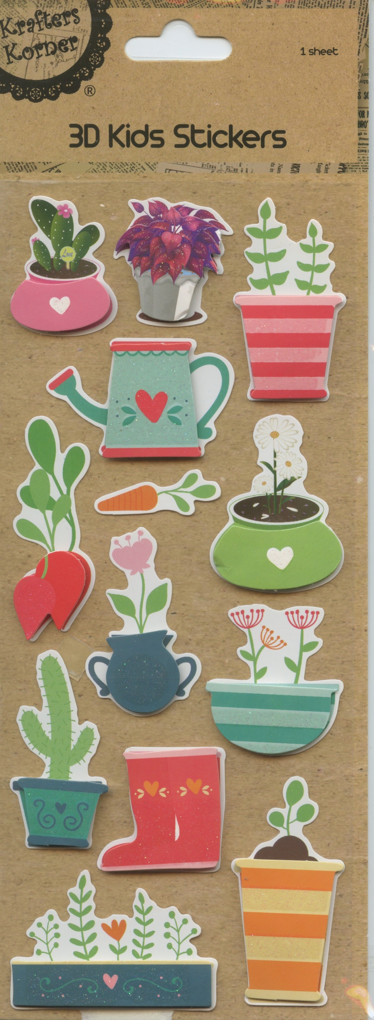 3D Kids Stickers - Garden Theme - Self Adhesive - 13 pk - 1 sheet