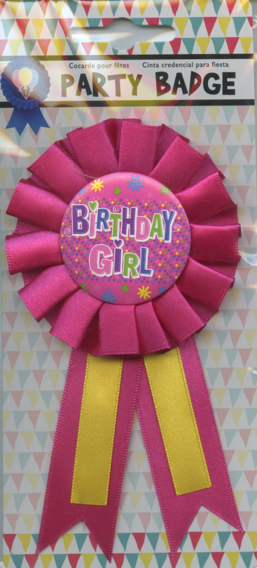 Birthday Badge with Pin - Birthday Girl with Bright Pink Sash - 80mm Diameter