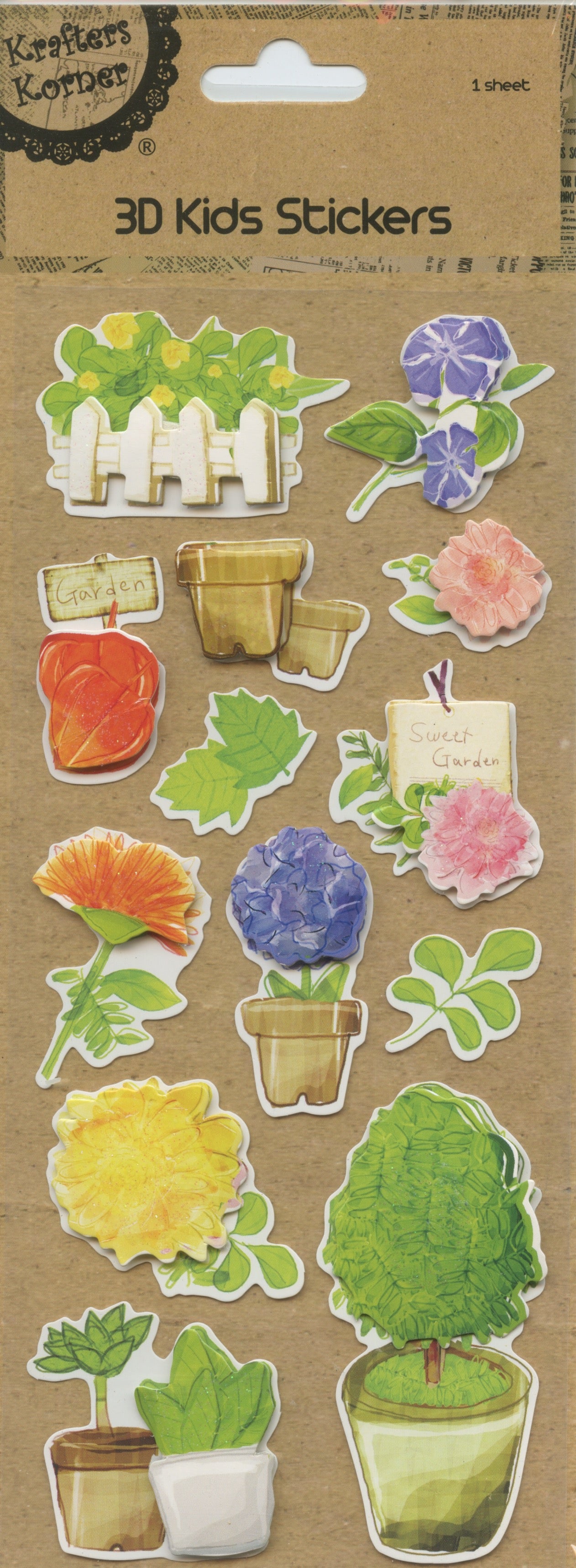 3D Kids Stickers - Flower and Pot Theme - Self Adhesive - 13 pk - 1 sheet