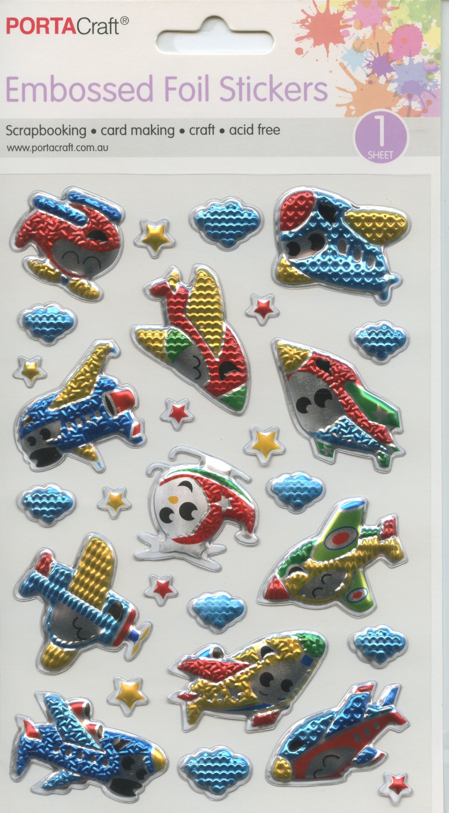 Embossed Foil Stickers - Planes and Helicopters - 1 sheet
