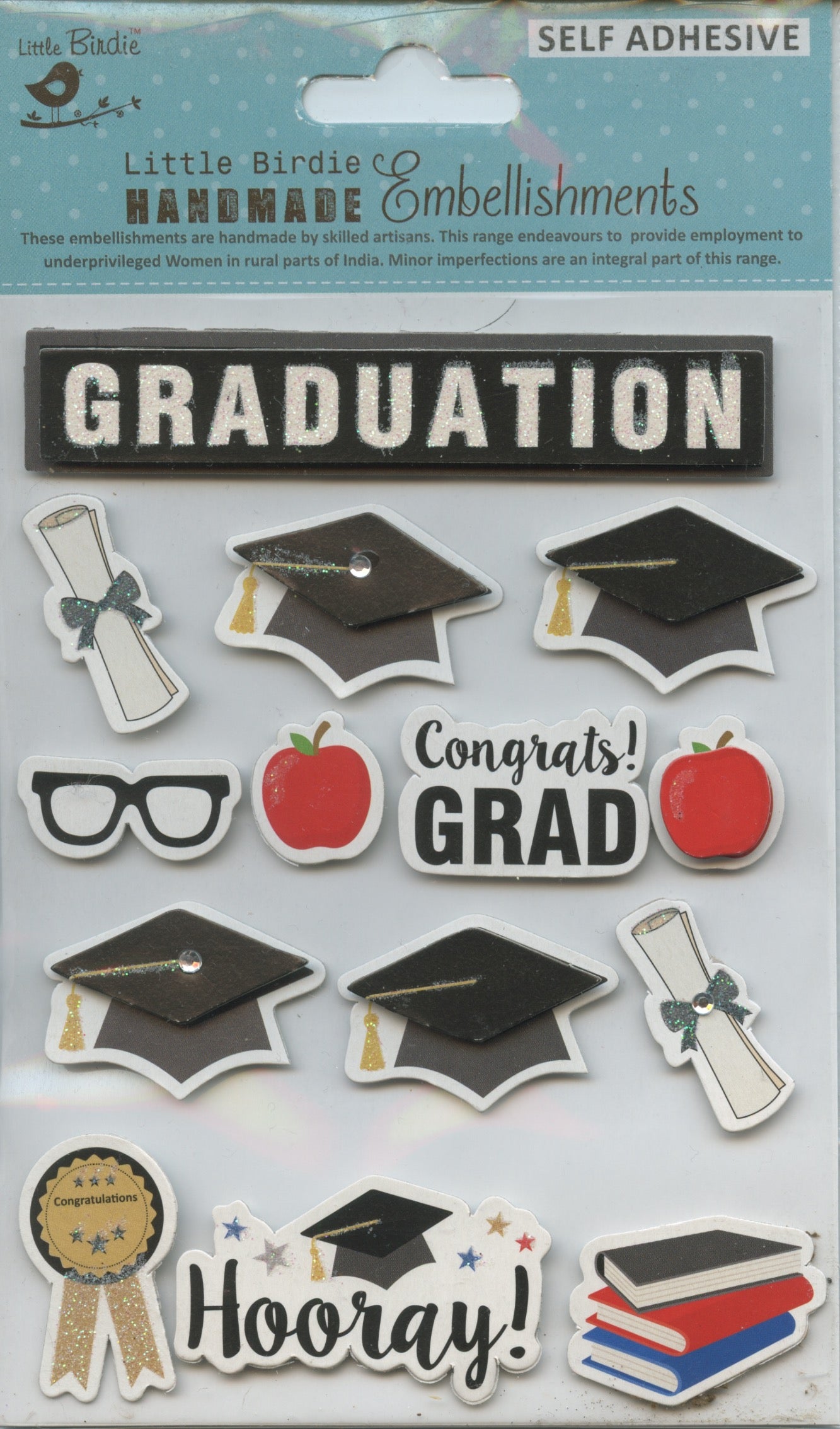 Little Birdie Handmade Embellishments Self/Adh - Congrats/Graduation - 14pc