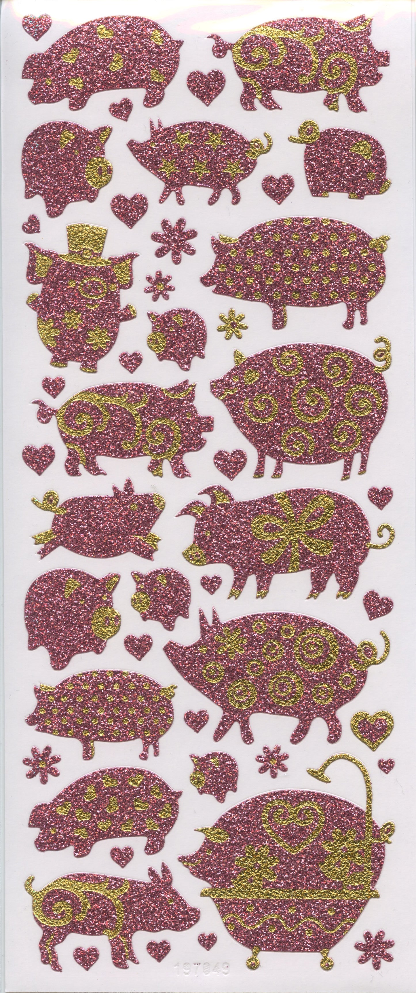 Pigs and Heart Stickers - 1 Sheet Pink Glitter