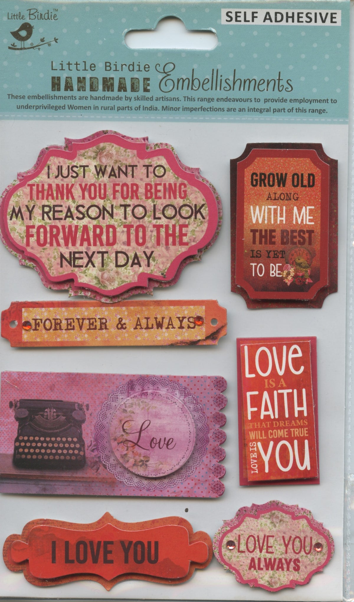 Little Birdie Handmade Embellishments Self Adhesive Love & Faith 7pc