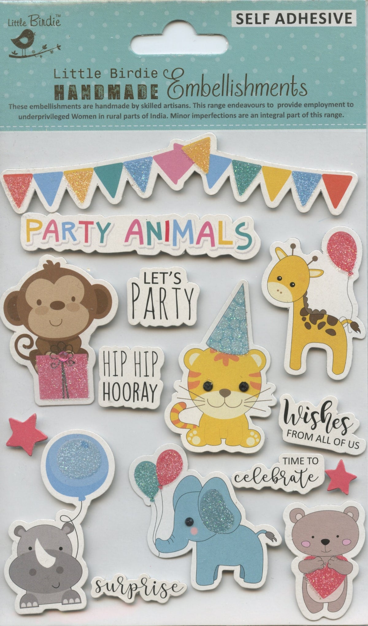 Little Birdie Handmade Embellishments Self Adhesive Let's Party 15pc