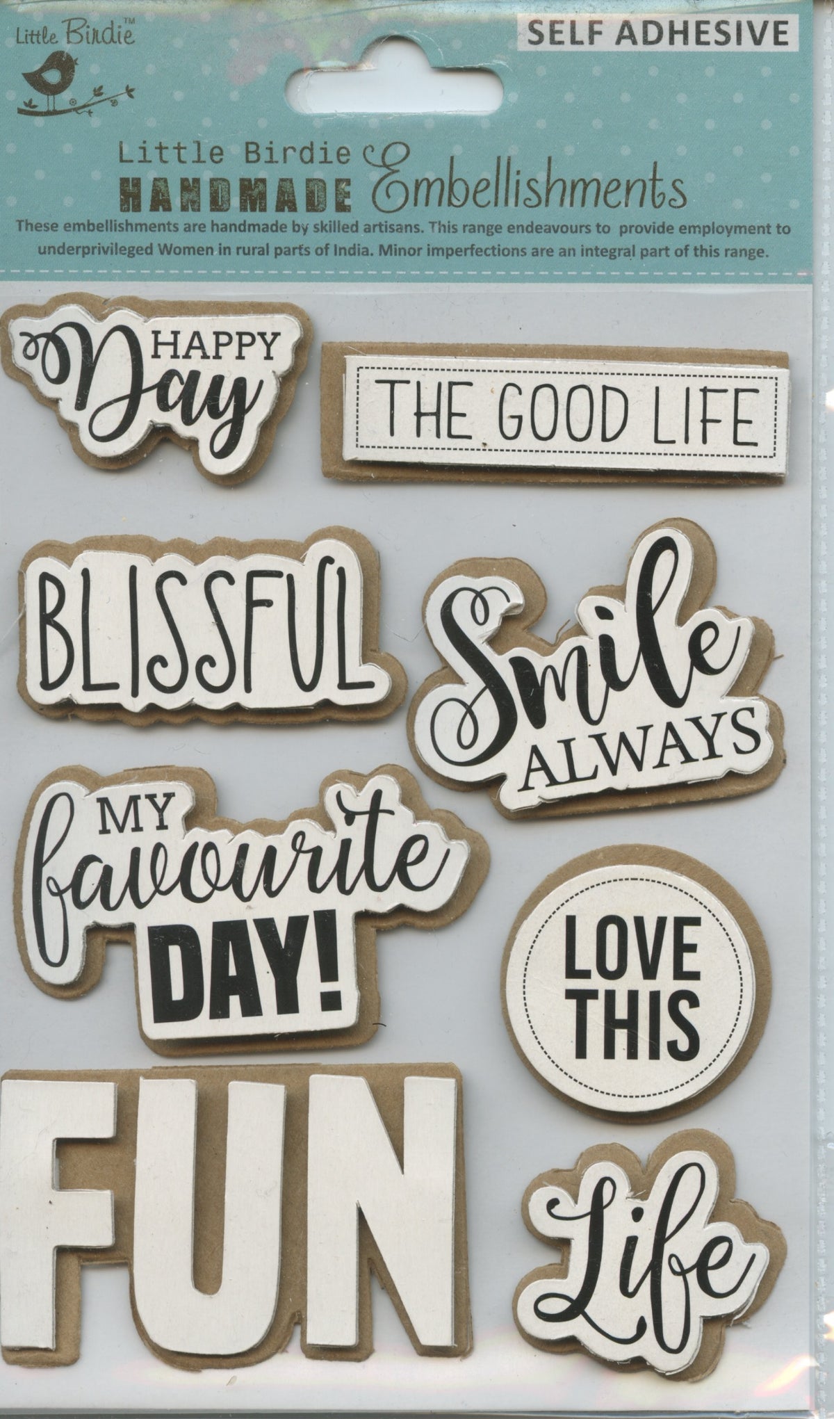 Little Birdie Handmade Embellishments Self Adhesive Fun Life 8pc